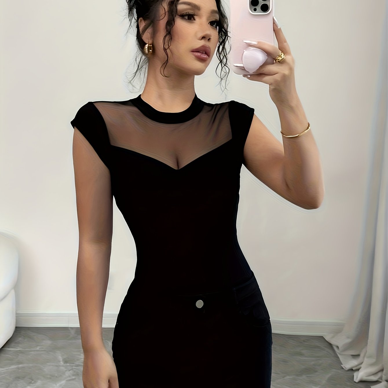 E-shop Neue elegante Damenmode Stretch Mesh Patchwork Rundhals Fledermausärmel Damen Top