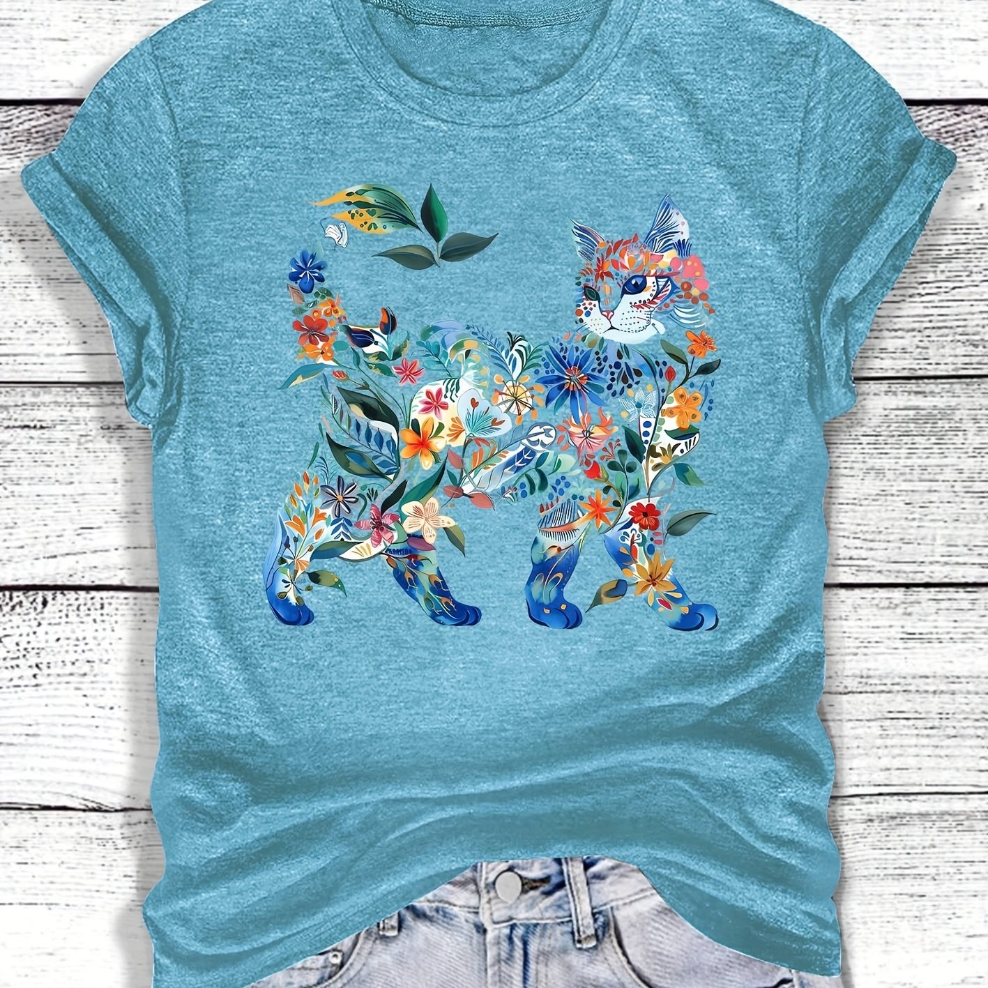 TEMU Women's Floral Cat Graphic Short Sleeve T-shirt - Retro Casual Round Neck Top, Fabric, , Machine Washable, Options S-xxl, Cat Tshirt, Leisure