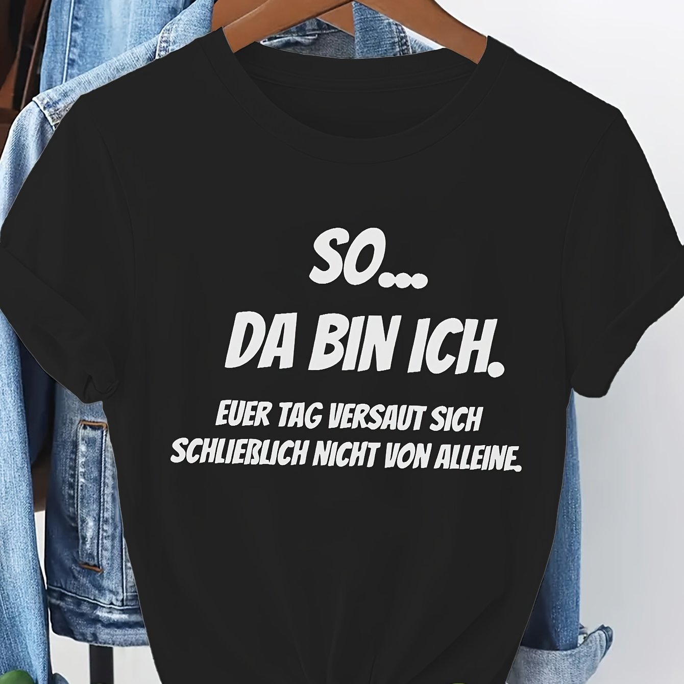 Men' Retro German Quote T-shirt - Black Short Sleeve Shirt With "so... " German Text Print, Round Neck Casual Top Suitable For Casual Attire & , Hand Washable Apparel