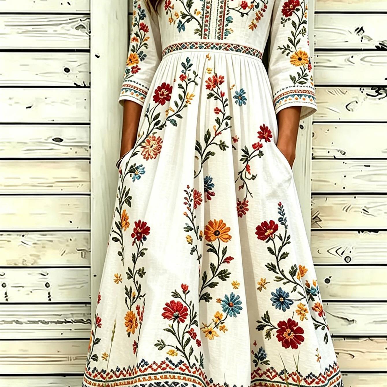 Plus Size, Women's Retro Ethnic-style Printed Dress - Perfect For Spring And Summer, Featuring Cool And Comfortable Fabric
