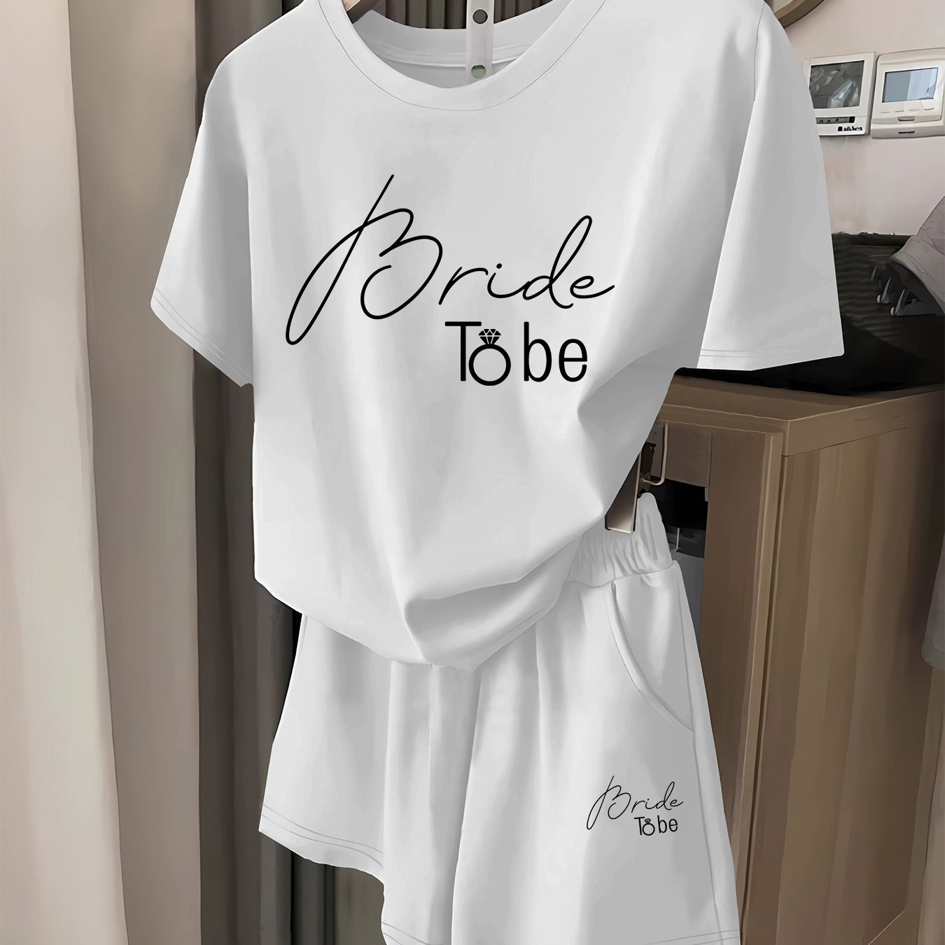 TEMU 2026 Summer New Daily Casual Simple "bride To Be" Text Print Short Sleeve T-shirt + Elastic Waist Shorts 2pcs Set