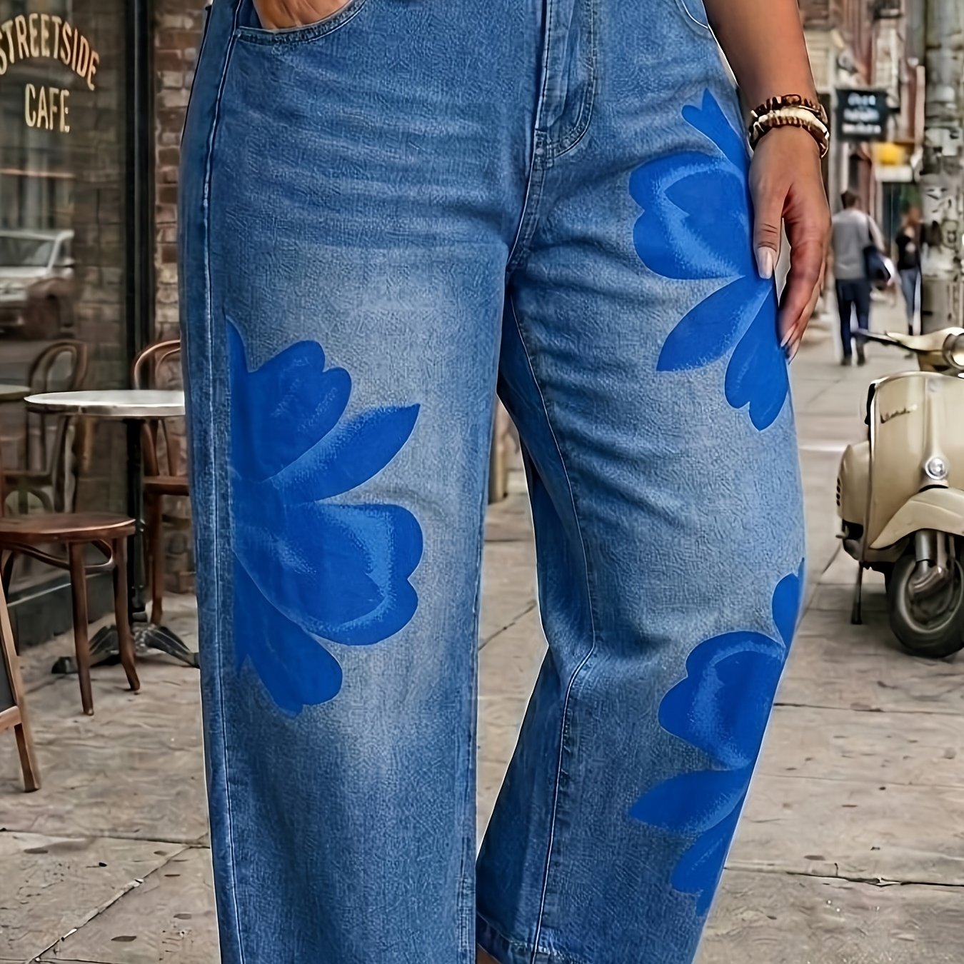 Women's Loose Wide Leg Jeans Washed Cropped 7/8 Length Denim Pants Fashion Floral Print Pattern Elegant Casual Versatile For Multiple Occasions