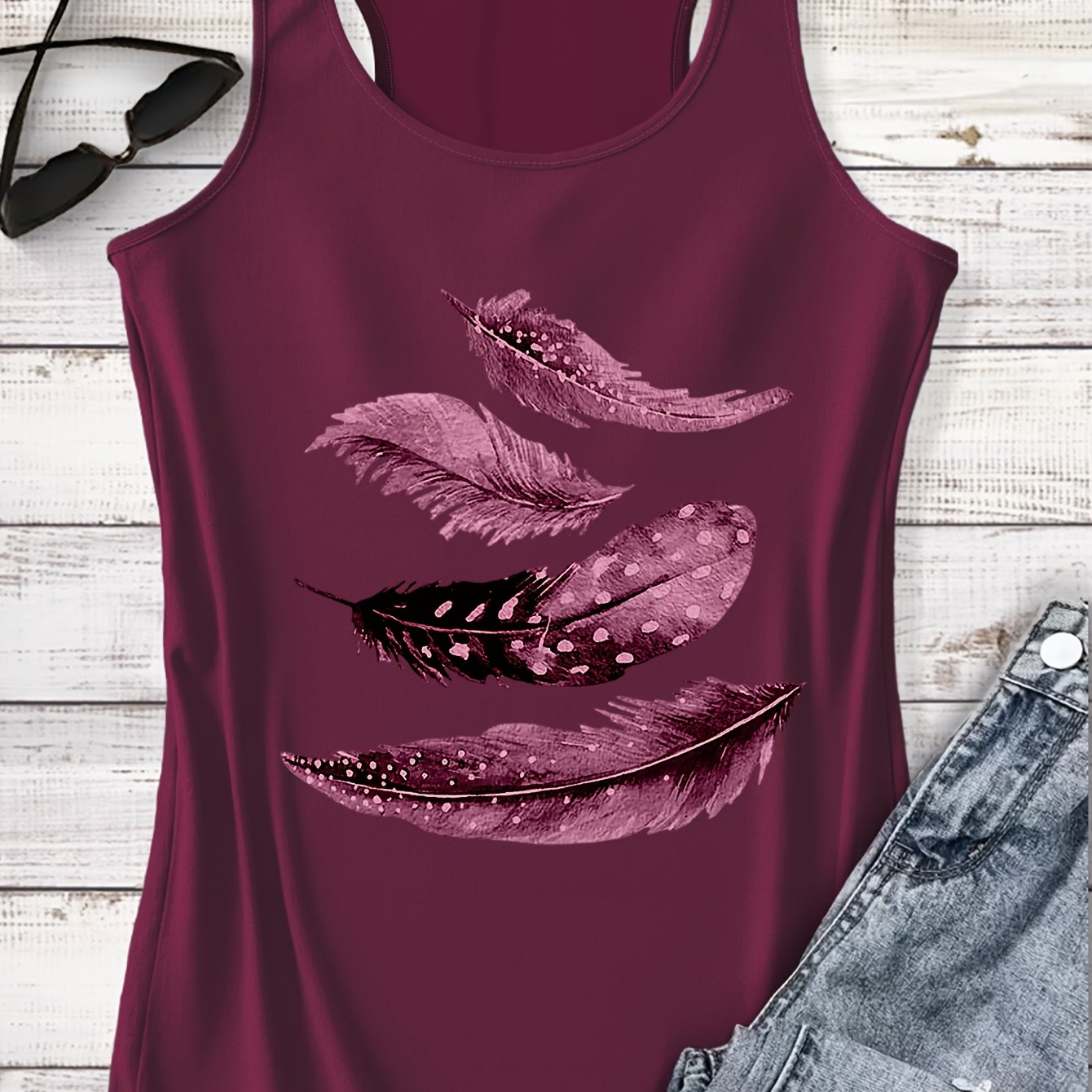 TEMU A Tank Top Featuring A Full Print Of Multiple Feathers, Incorporating Elements Like Polka Dots And Gradient Textures, Perfect For Casual Wear