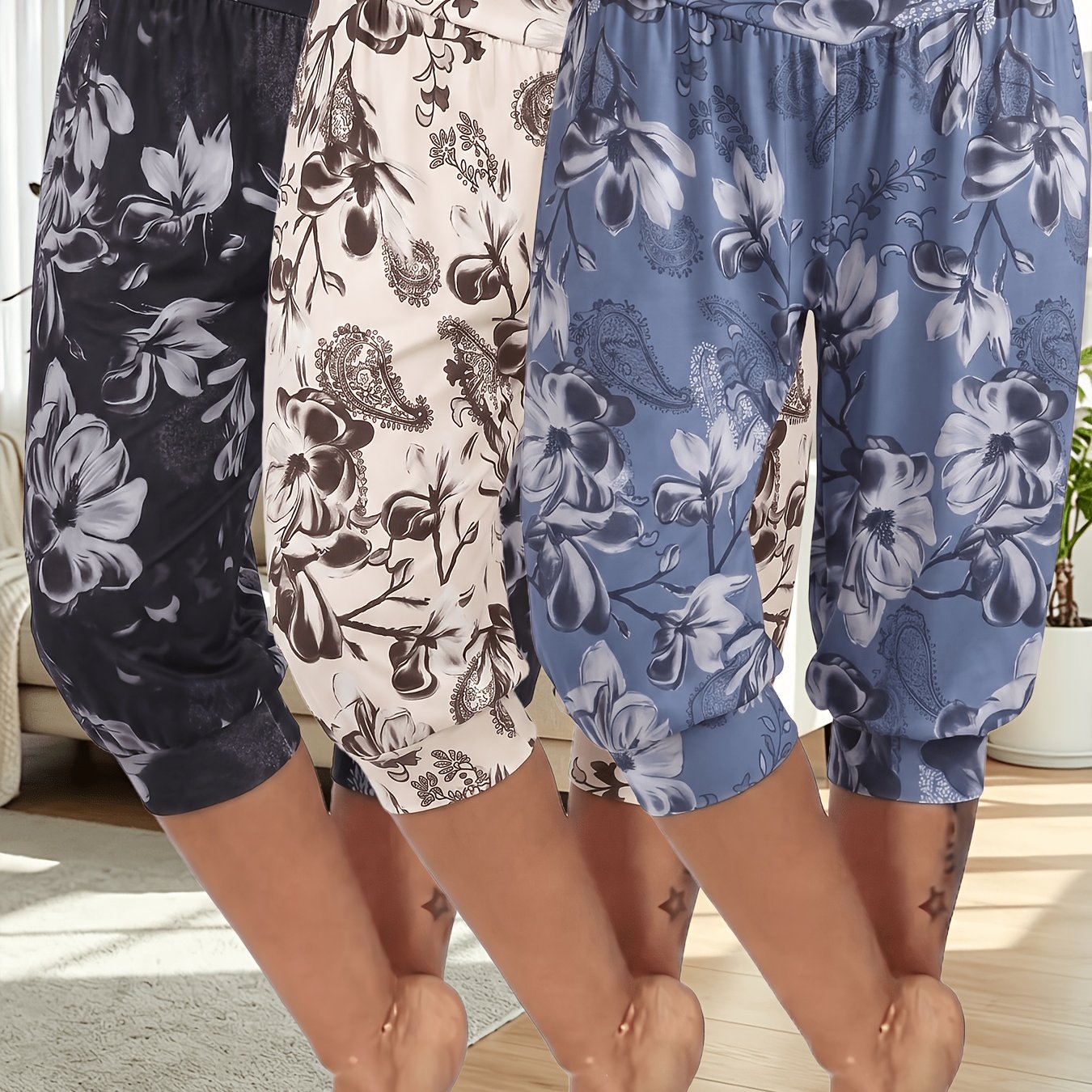 TEMU 3pcs Pack Women' Size Floral Print Harem Capri Pants, Comfortable Soft High-waist Versatile Casual Jogging Trousers Yoga Pants