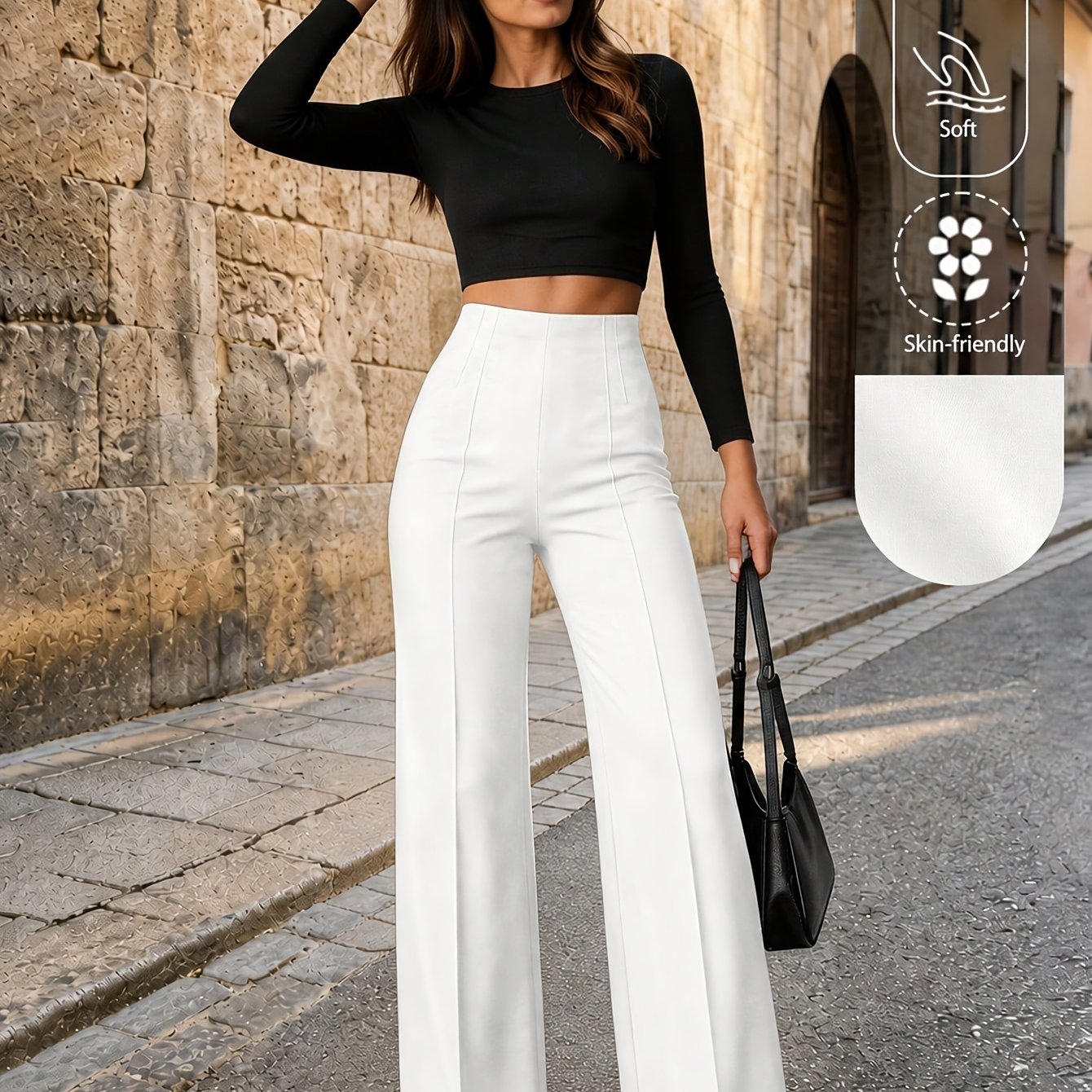 TEMU Comfortable Women's Fabric Straight Leg Pants With Elastic Waist, , Workwear, Vacation, Autumn Trousers, Halloween Costumes