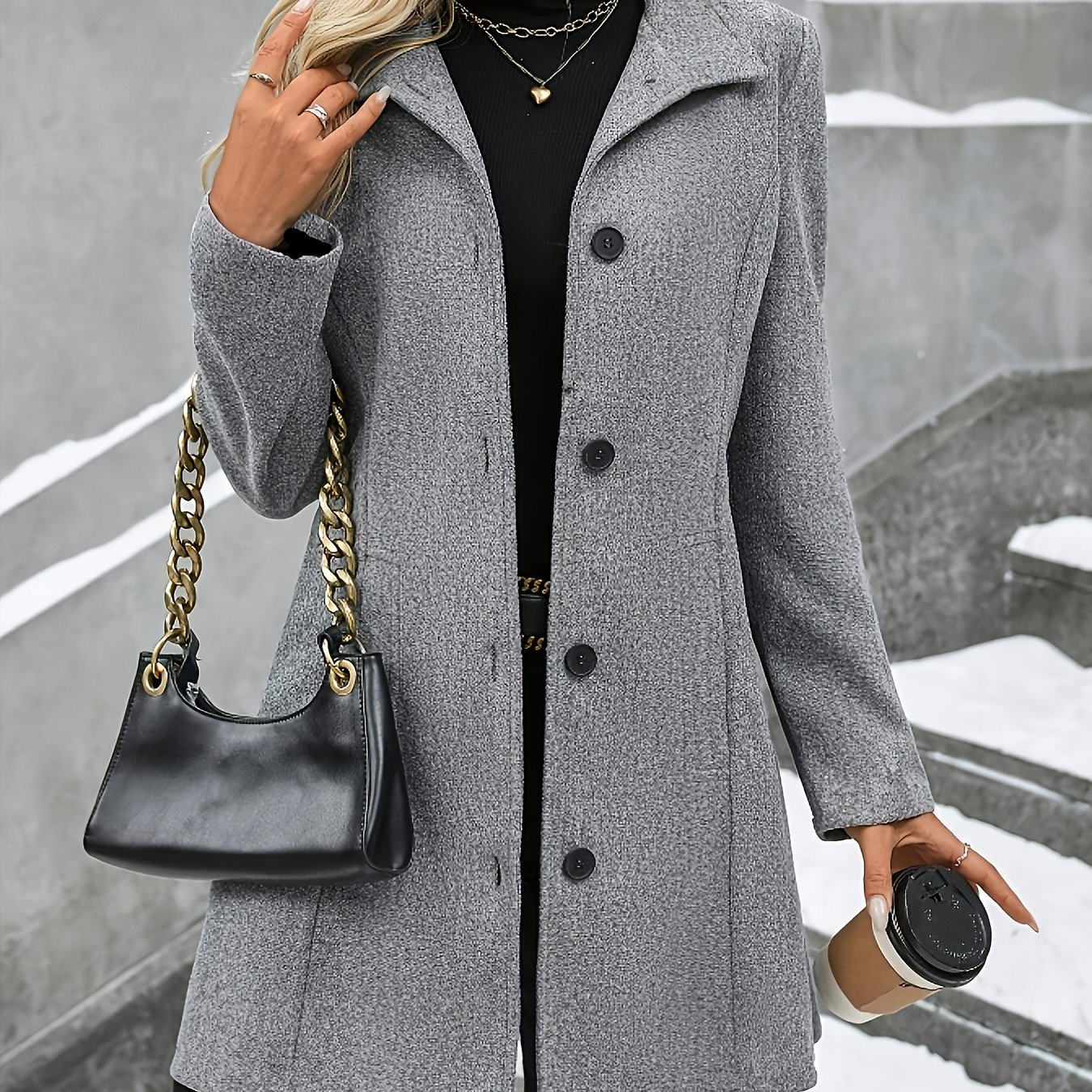 TEMU Fashion Women's Elegant Tweed Coat Trendy Slim Solid Color Collar Tweed Overcoat