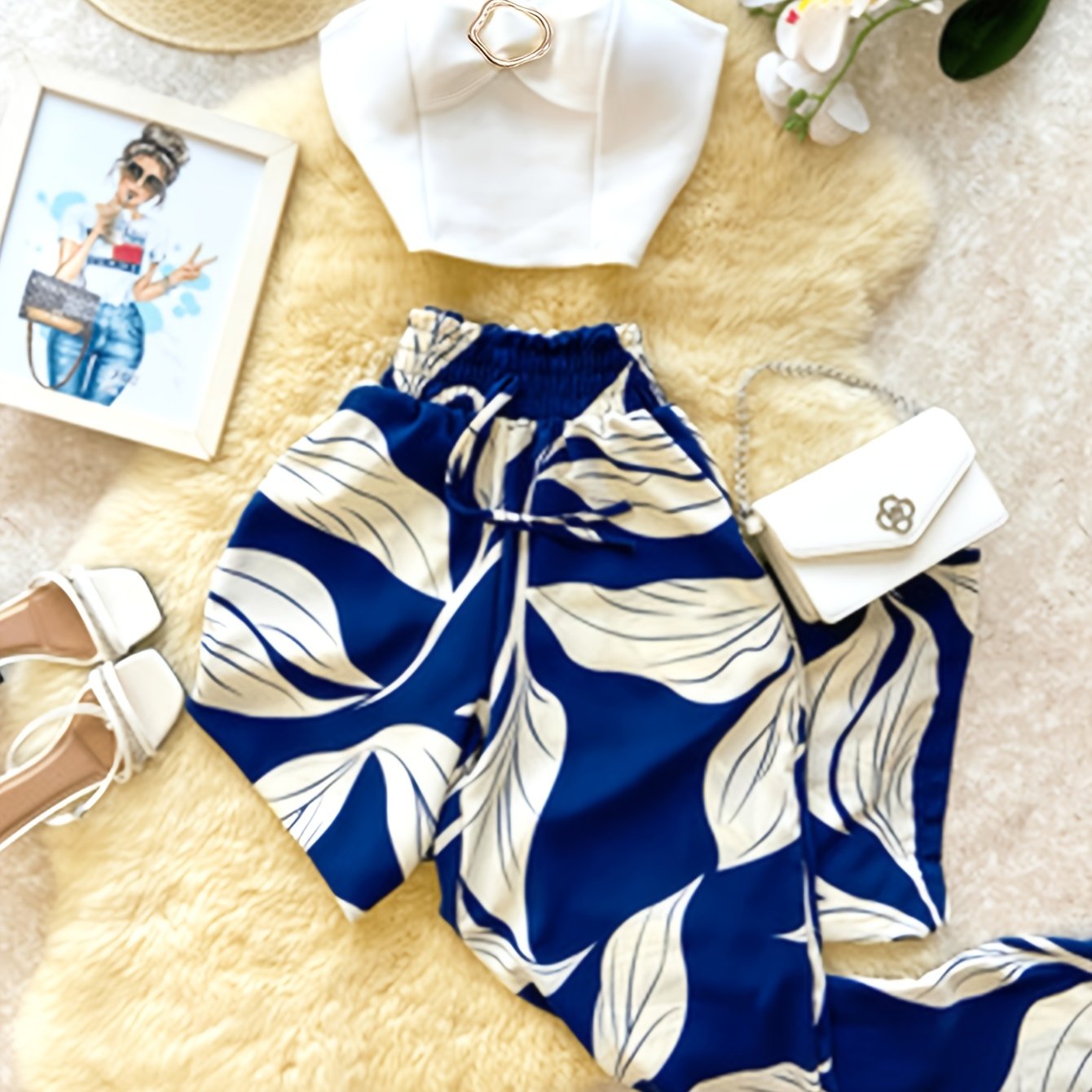 TEMU Elegant Printed Two-piece Vacation Set, Solid Color Sleeveless Cami Top And Suit For Women, Elegant Women's Set