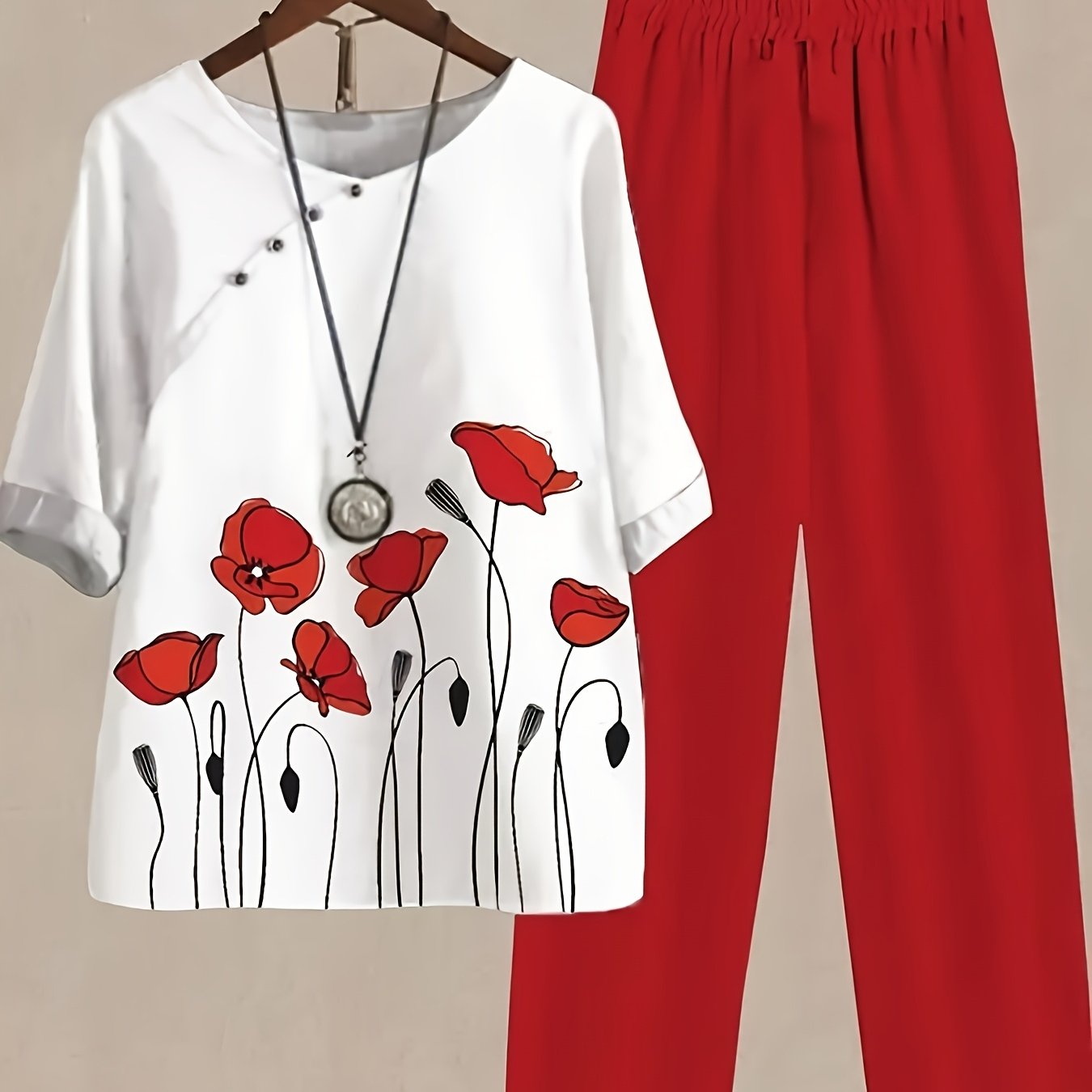 E-shop Damens Casual Blumenmuster Rundhals-Top und Hose Set – für Frühling/Sommer, Elegantes Blumendesign Outfit