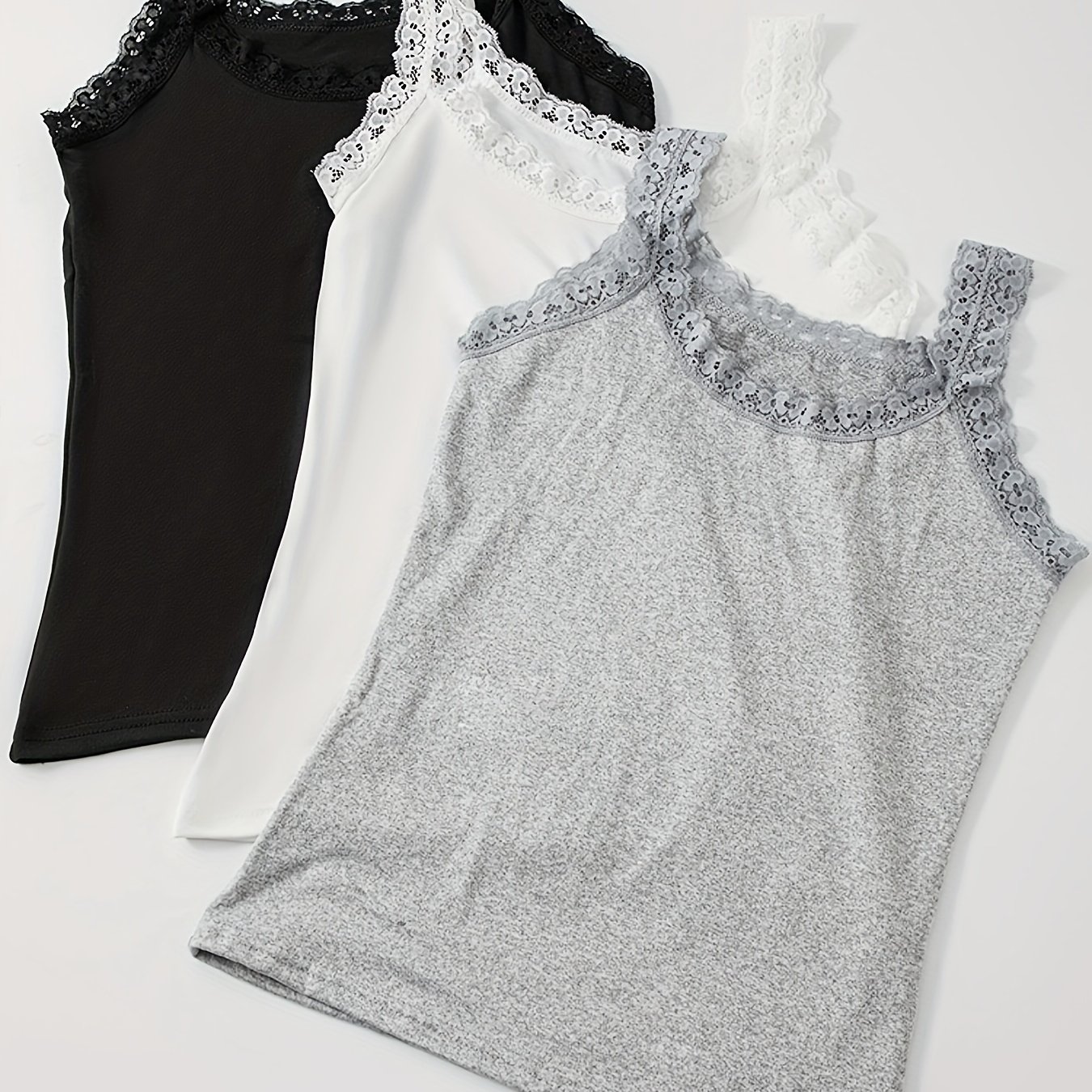E-shop 3 Stück Spitzenbesatz Camisole Tanktops für Damen, Vielseitig für alle Jahreszeiten in Grau