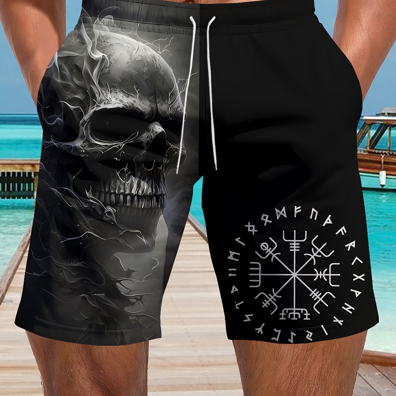 TEMU Traje de Baño para Hombre con Estampado 3D de Calavera y Góticas | Pantalones Cortos de Secado Rápido con Cintura Ajustable con Cordón, Ropa de