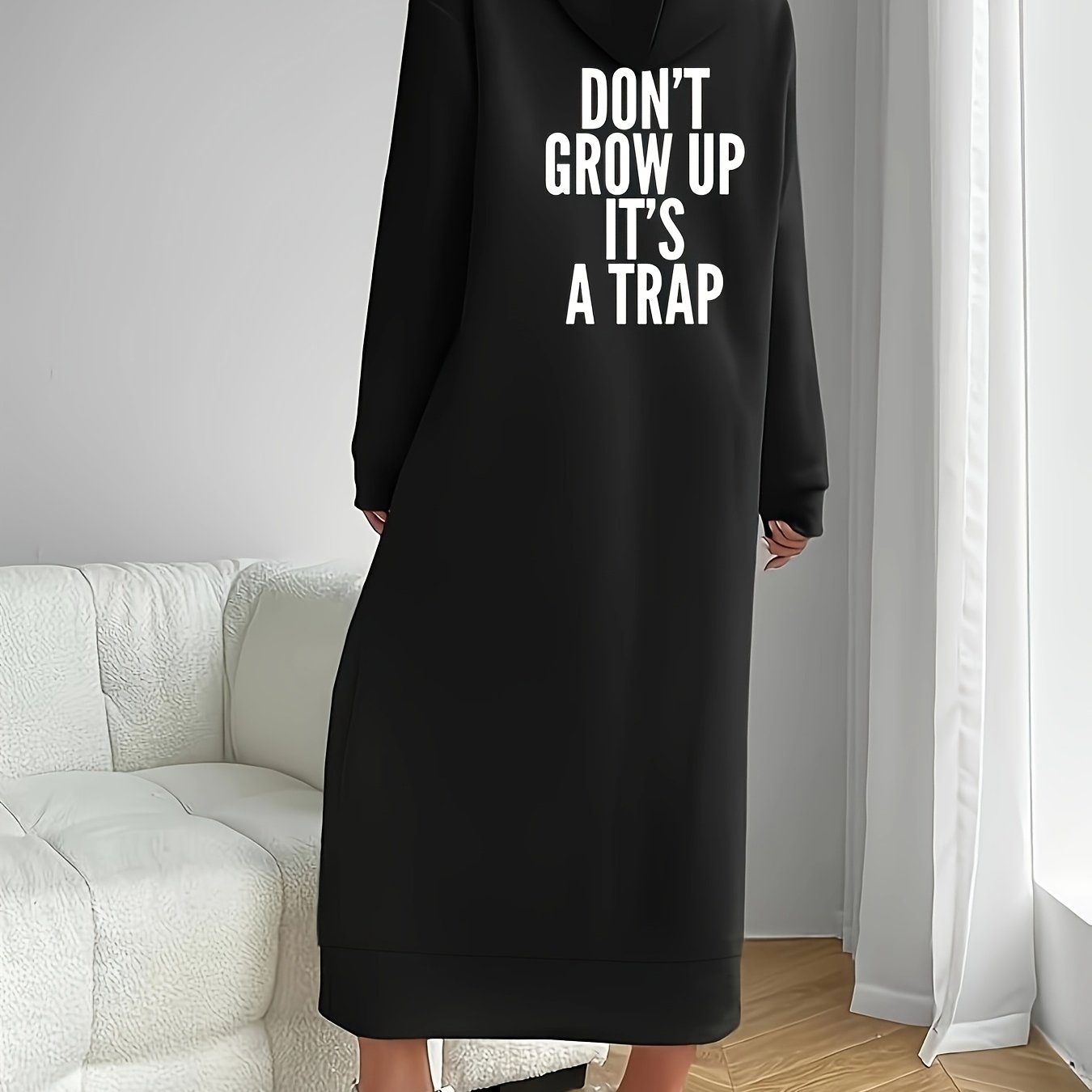 TEMU â , This Is A Trapâ Letter Print Pattern Winter Fleece Hoodie Sweatshirt Dress