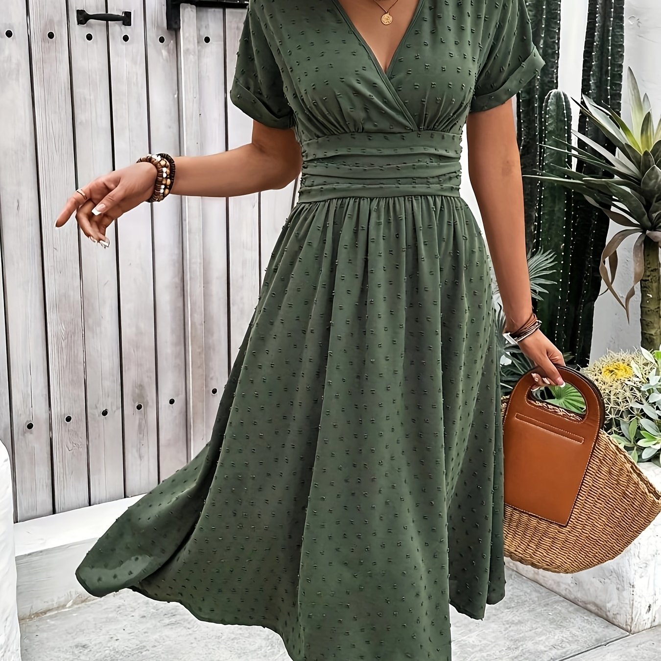 TEMU Vestido Largo de Cuello en V para Mujer, Casual de Vacaciones con Cinturón y Color Sólido