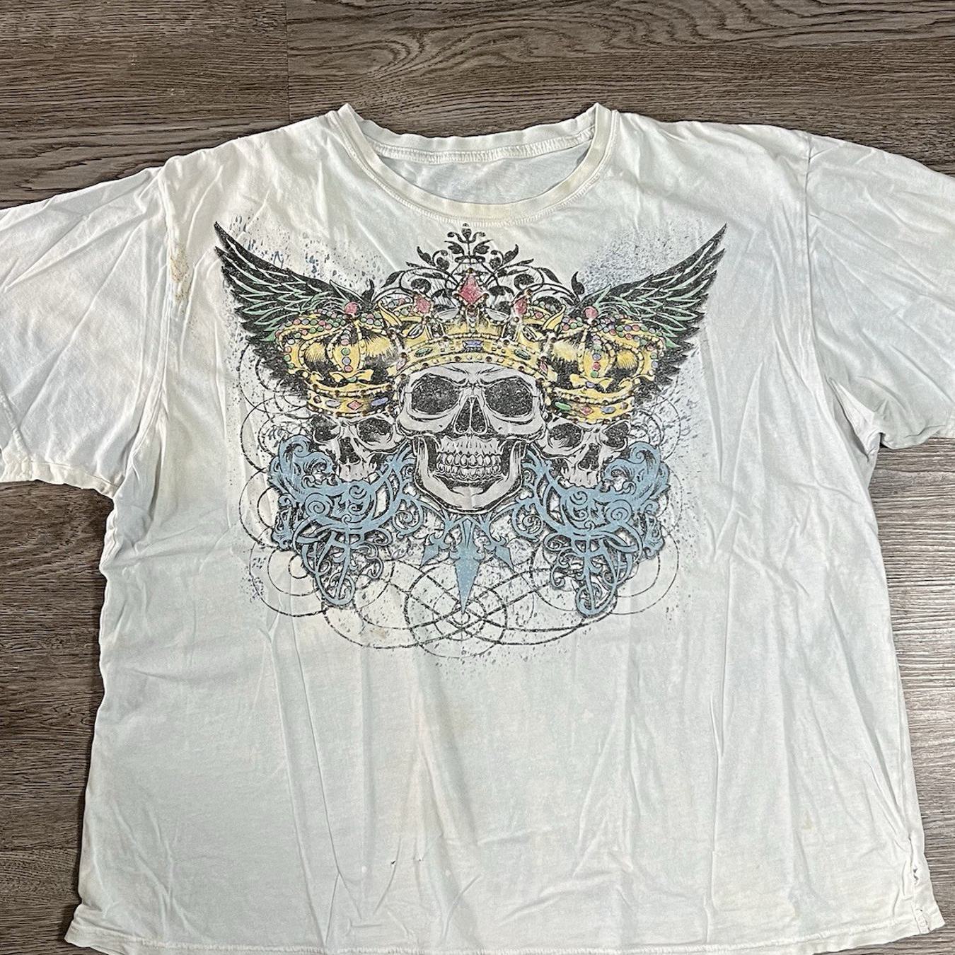 Image of Vintage Y2k Skulls Wings T Shirt Mens Extra Large Grunge Goth Emo Crown Stains