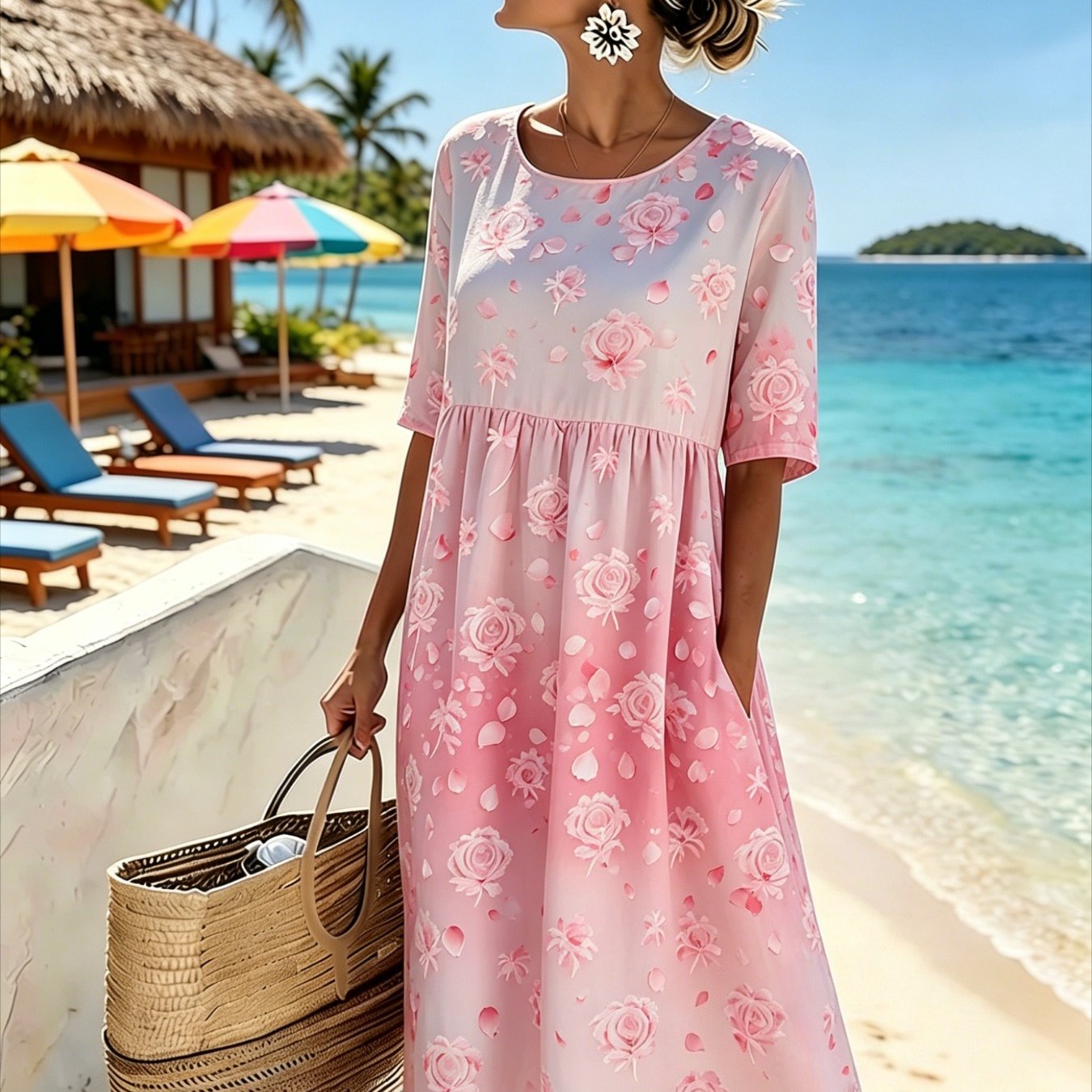 Image of Women's Elegant Midi Dress - Casual 3/4-sleeve, Crew Neck, Loose-. Machine Washable. A Comfortable Beach And Vacation Dress, Perfect For Travel, Getaways, And Everyday