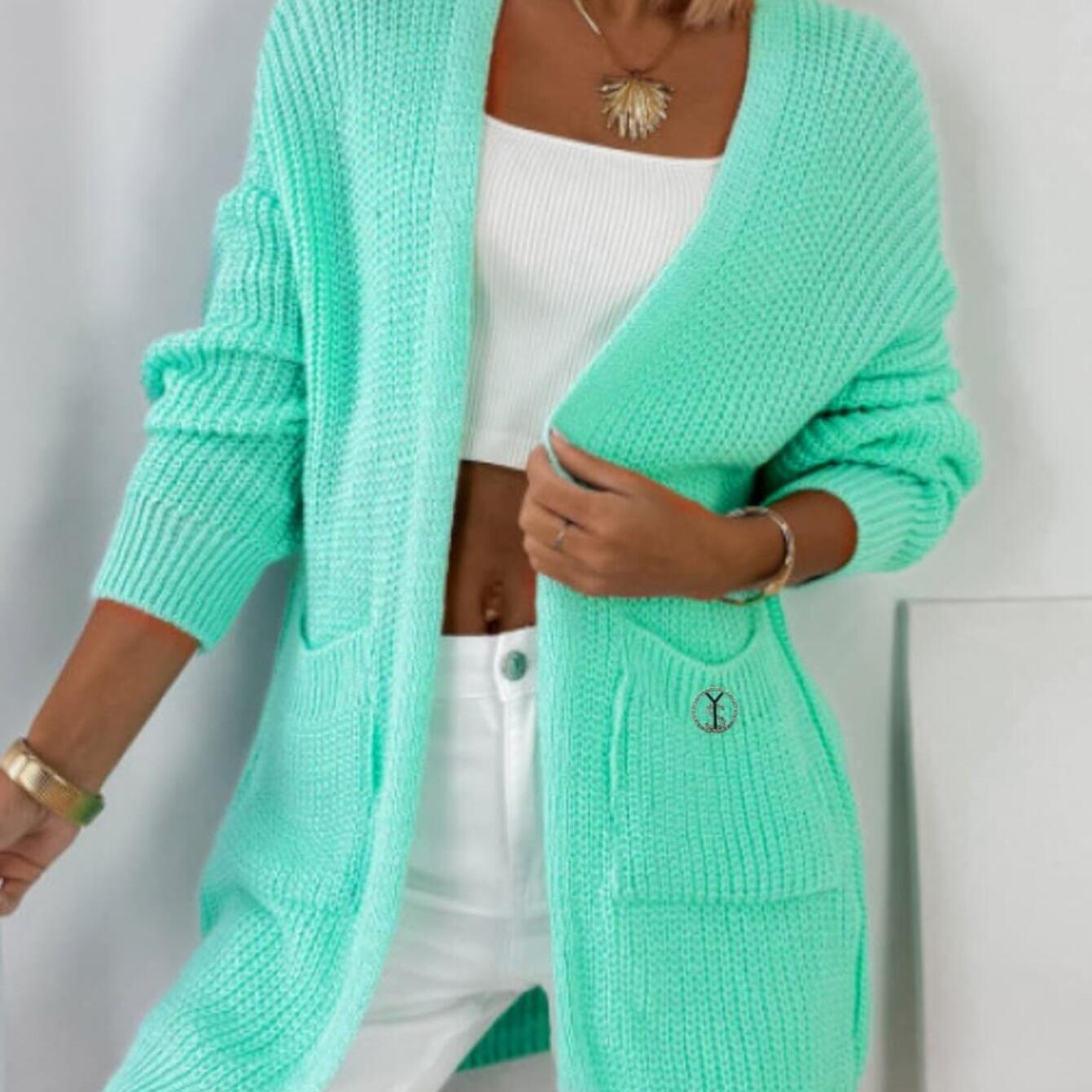 Front Long Cardigan With Pockets, Mint Green Fashion Casual Solid Color Sweater