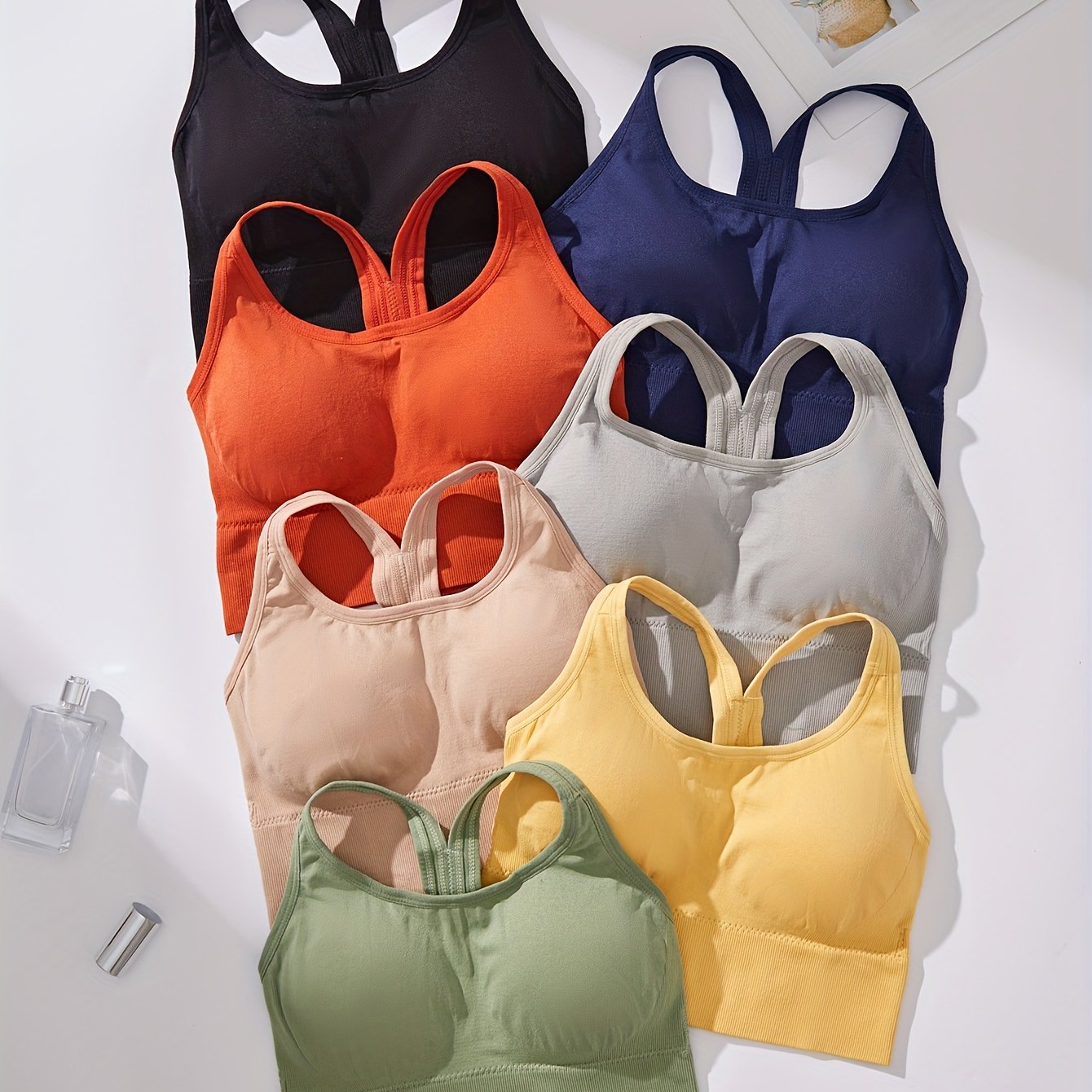 TEMU 7-pack Women's Sports Bras, Assorted Colors, Casual Style, Comfort Fit, Wireless, Racerback Design, Activewear