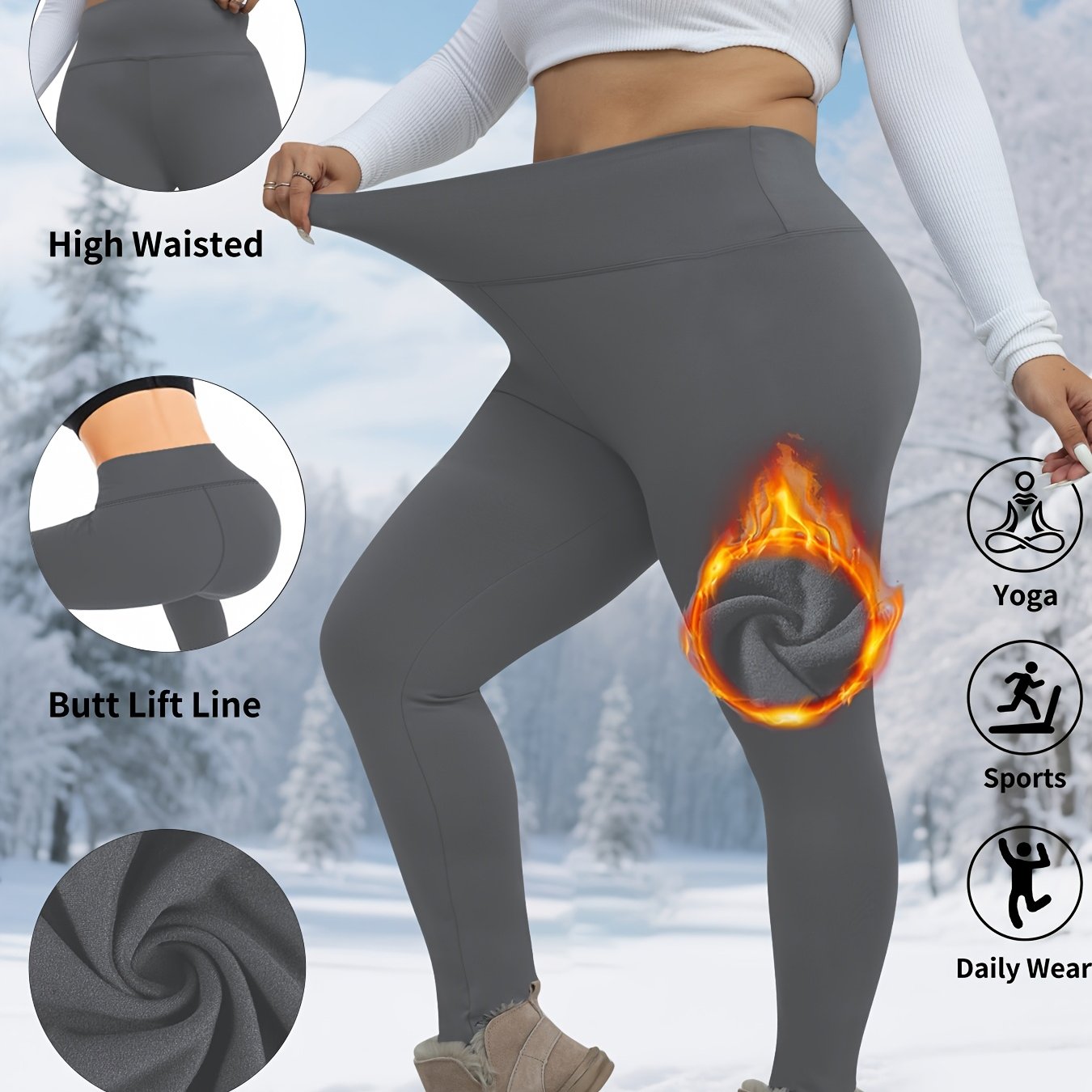 TEMU Leggings térmicos de talla grande para mujer de cintura - Leggings de capa base forrados, pantalones deportivos de yoga con control abdominal,