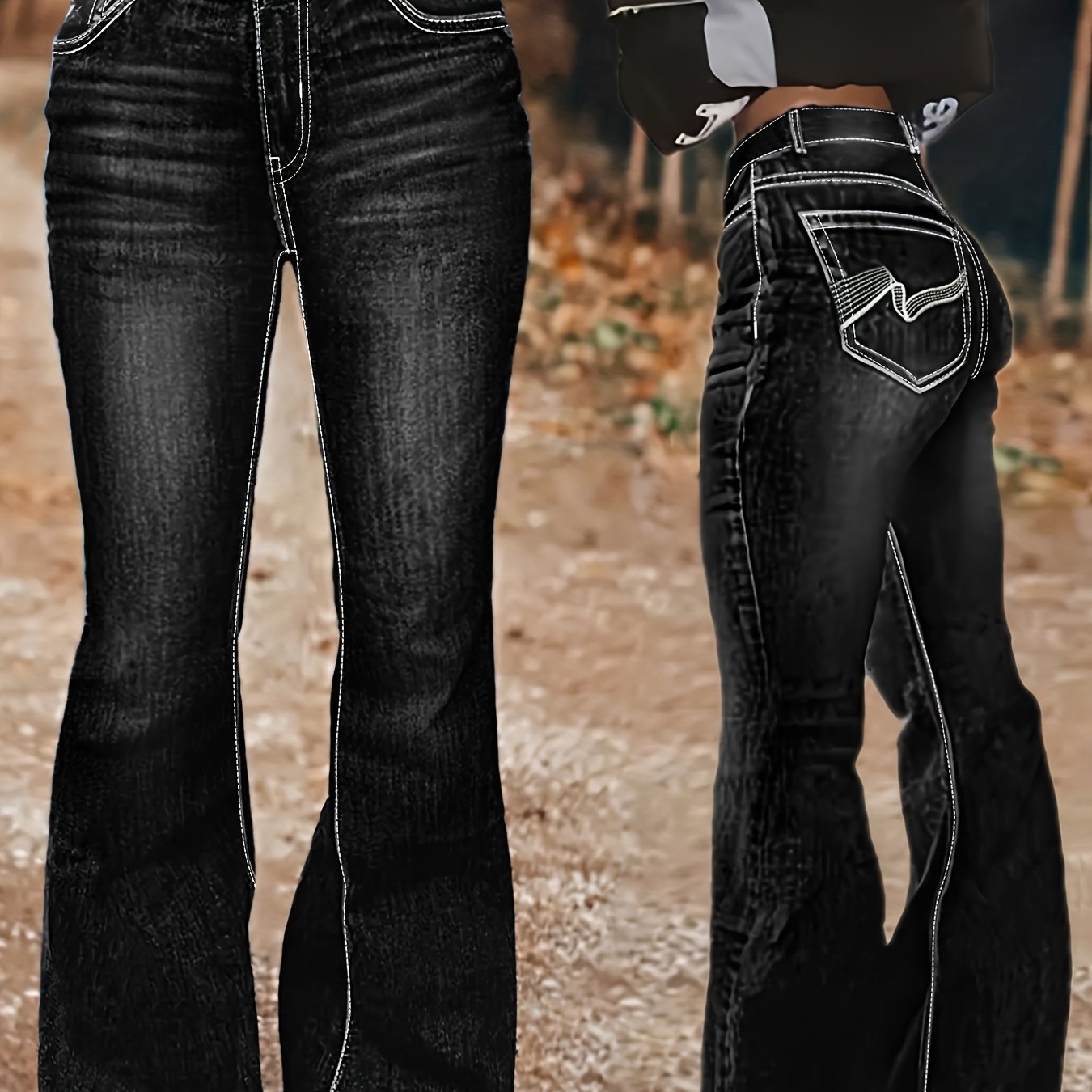 Image of Plus Size Black Embroidered Back Pocket Hem Double Button Jeans, Slightly Flared Trousers, High Waist, High Stretch, Vintage, Elegant, Comfortable, Casual, Fashionable, Plus Size Jeans