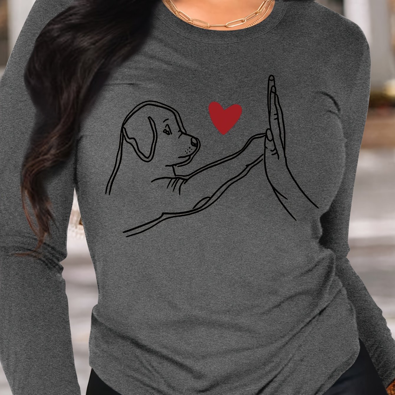 TEMU Cute Dog Print T-shirt, Long Sleeve Crew Neck Casual Top For Spring & Fall, Women's Clothing