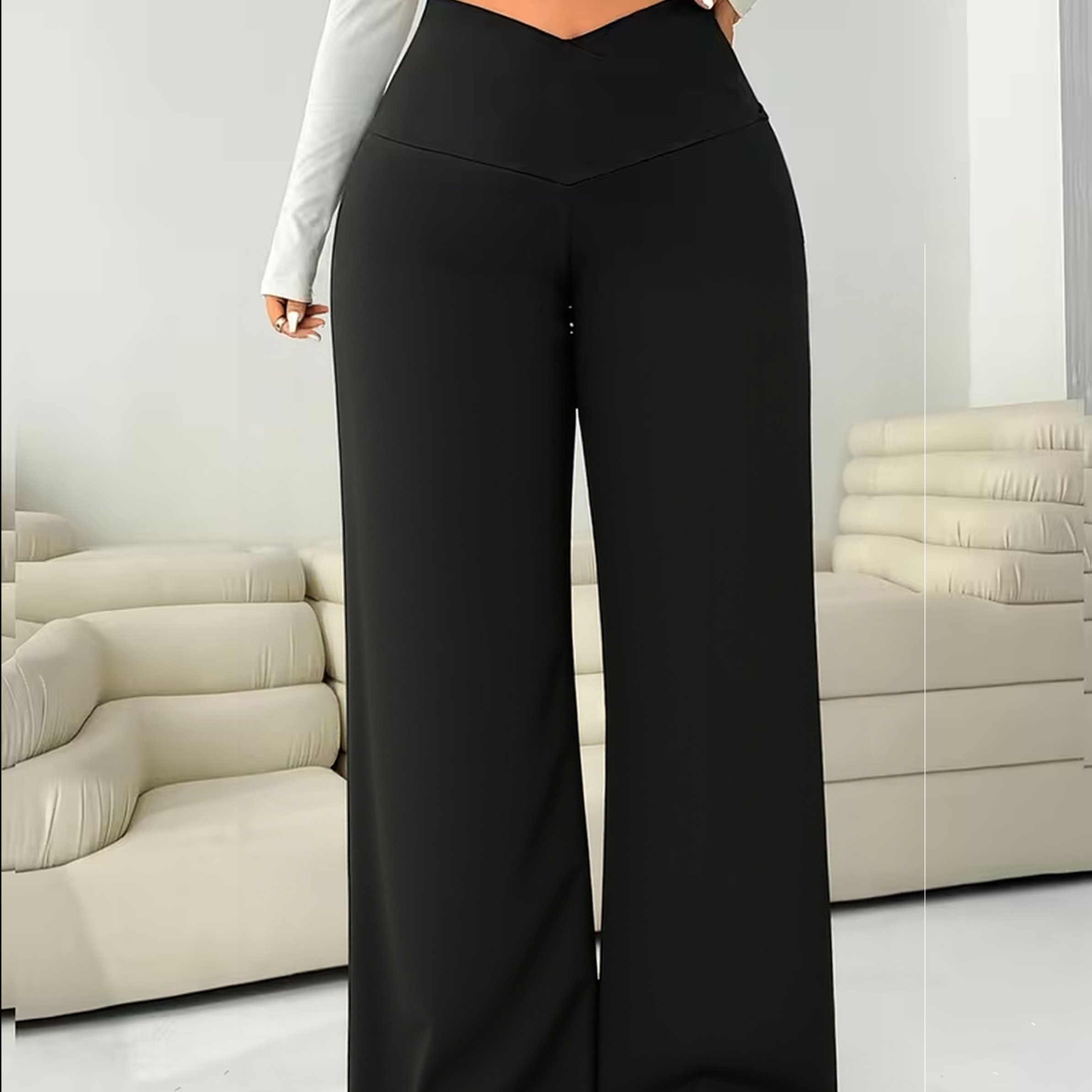 TEMU Plus Size, Plus-size Women's Casual Solid-color Crossover Waistband Leggings, Casual Long Pants, Solid Color And Opaque, Fashionable Wear,