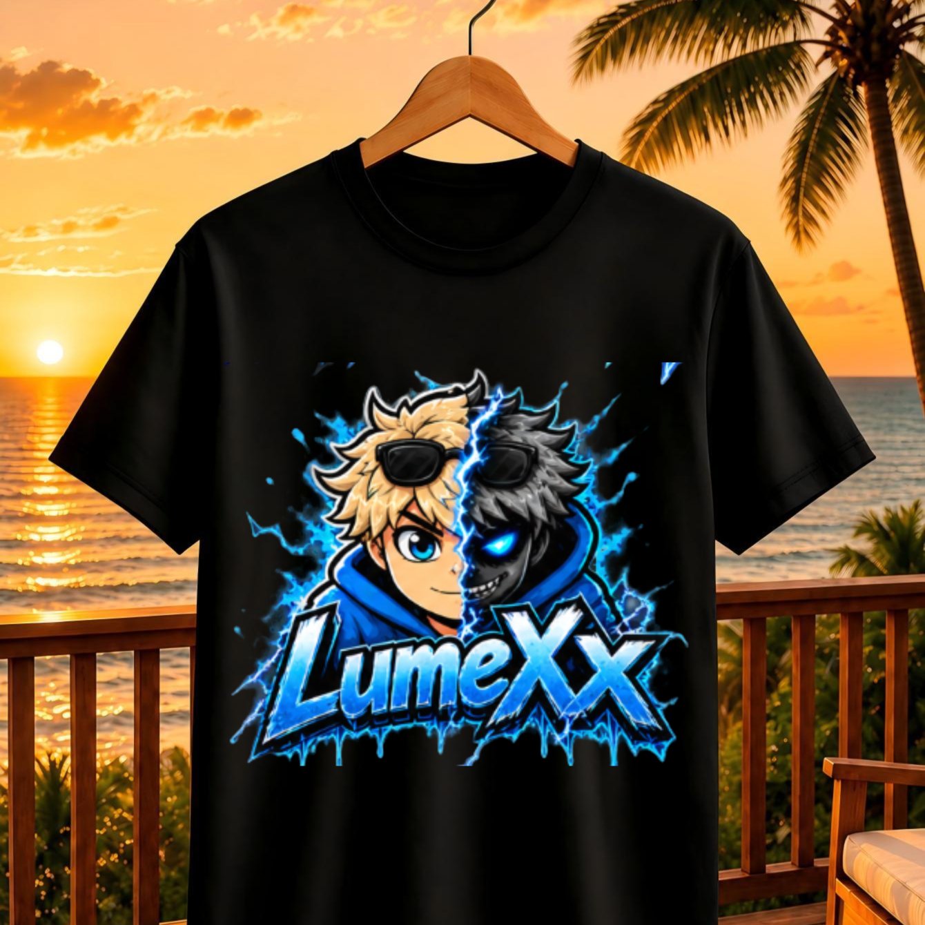 Image of Anime T-shirt With Split Blond Hero And Face Lightning And Icy Name Logo Graphic Unisex All T-shirt