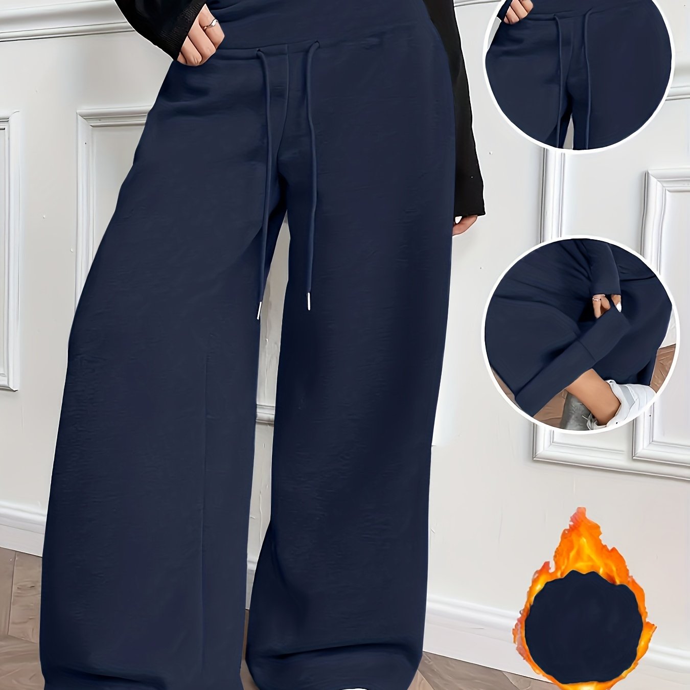 TEMU Pantalon d'automne-hiver pour femmes, couleur unie, en polaire, jambes larges, cordon de serrage élastique, pantalon ample