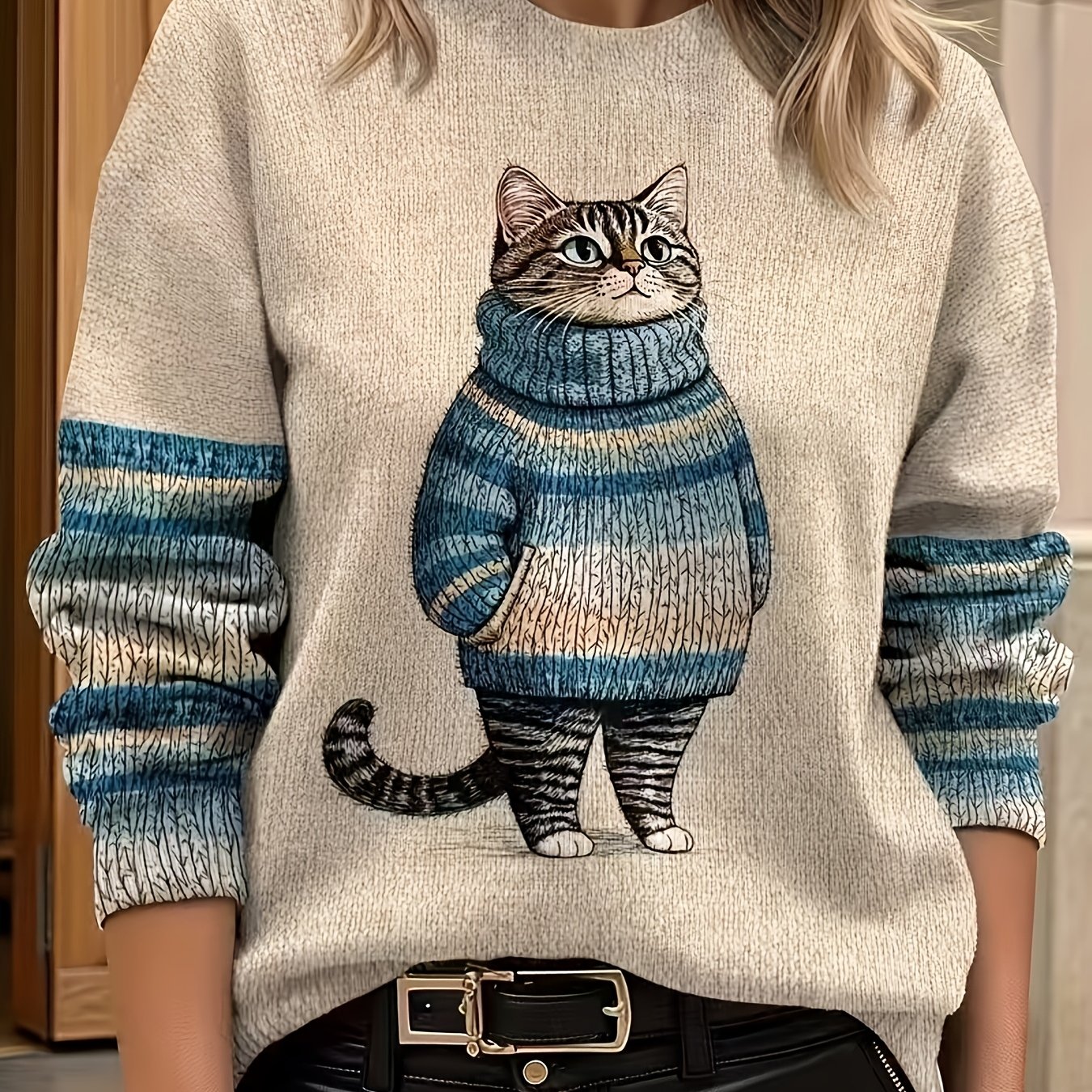 TEMU Pull à imprimé chat rétro et amusant, pull décontracté ample à manches longues pour femmes