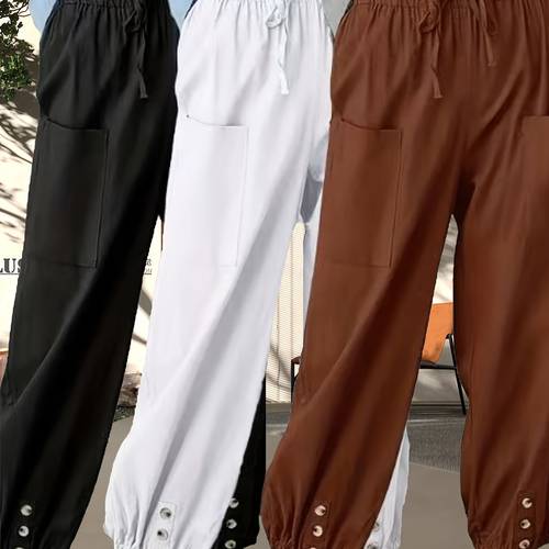 3 pack of loose fitting high waisted and linen cropped wide legunisex pants with pockets for easy casual trousers elastic waist