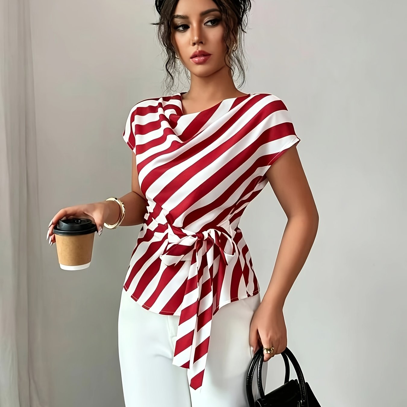 TEMU Women's Elegant Commuter High-neck Striped Print Vacation Casual Shirt