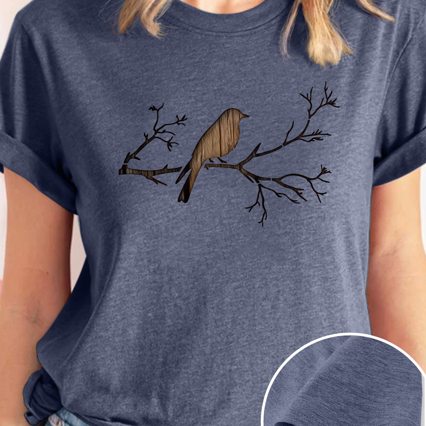 TEMU Women's Elegant Style Short Sleeve Gift, Dead Branch Reverse Wood Grain Small Bird Vintage Silhouette Print Round Neck Casual Sport T-shirt,
