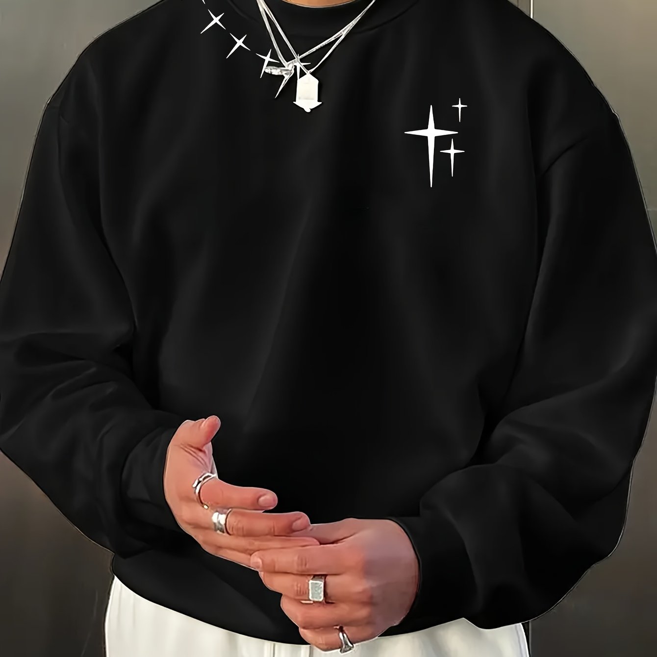 TEMU Men's Fashionable Minimalist Four-pointed Star And Crossbow Print Long-sleeve Crewneck Sweatshirt For Sports, Leisure, Commuting, And Versatile