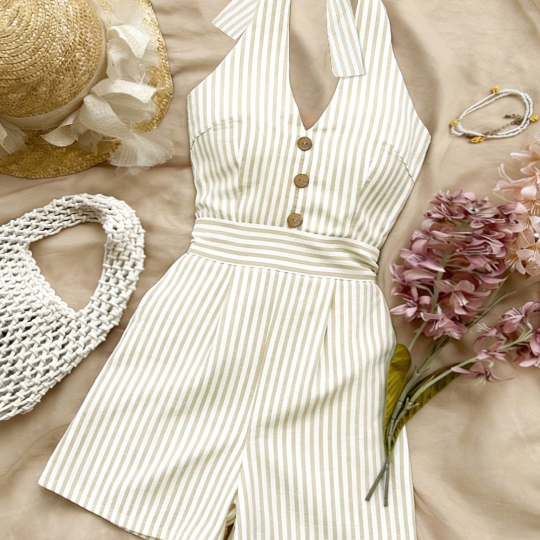 TEMU Vacation-style Striped V-neck Wrap-around Waist-hugging Casual Dress Pants