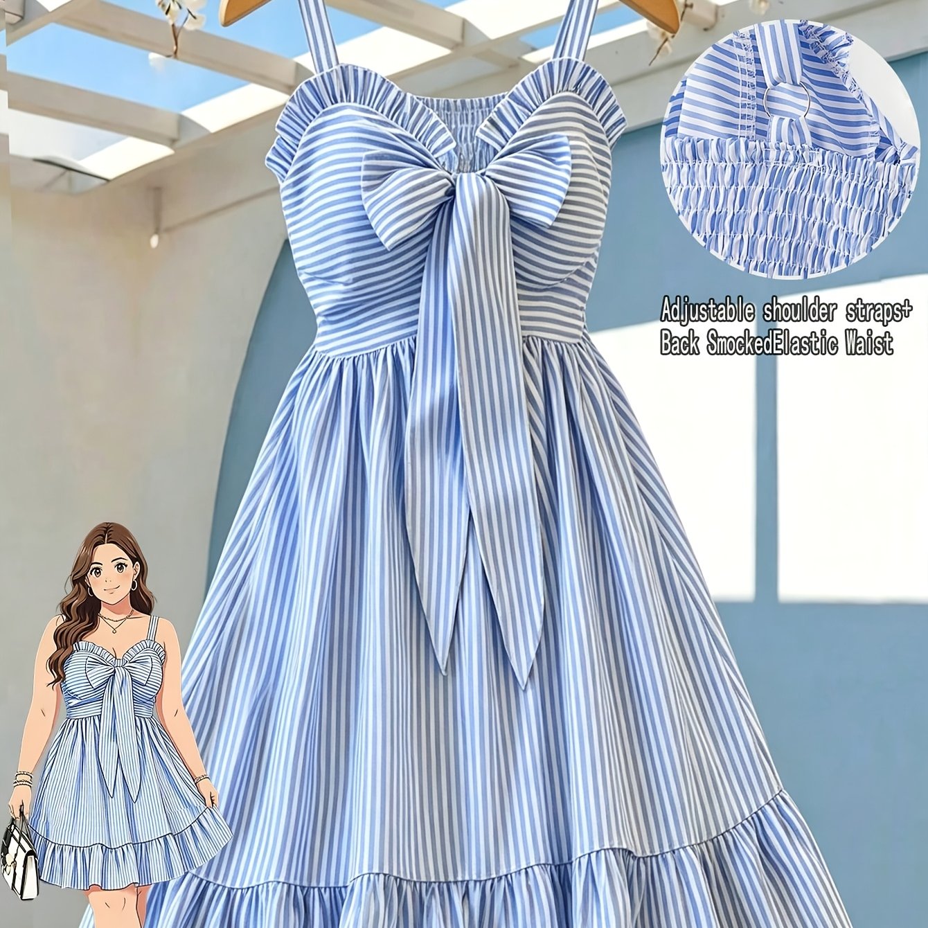 TEMU Plus Size Women's Striped Sleeveless Bow Tie Casual Elegant Commuter A-line Dress