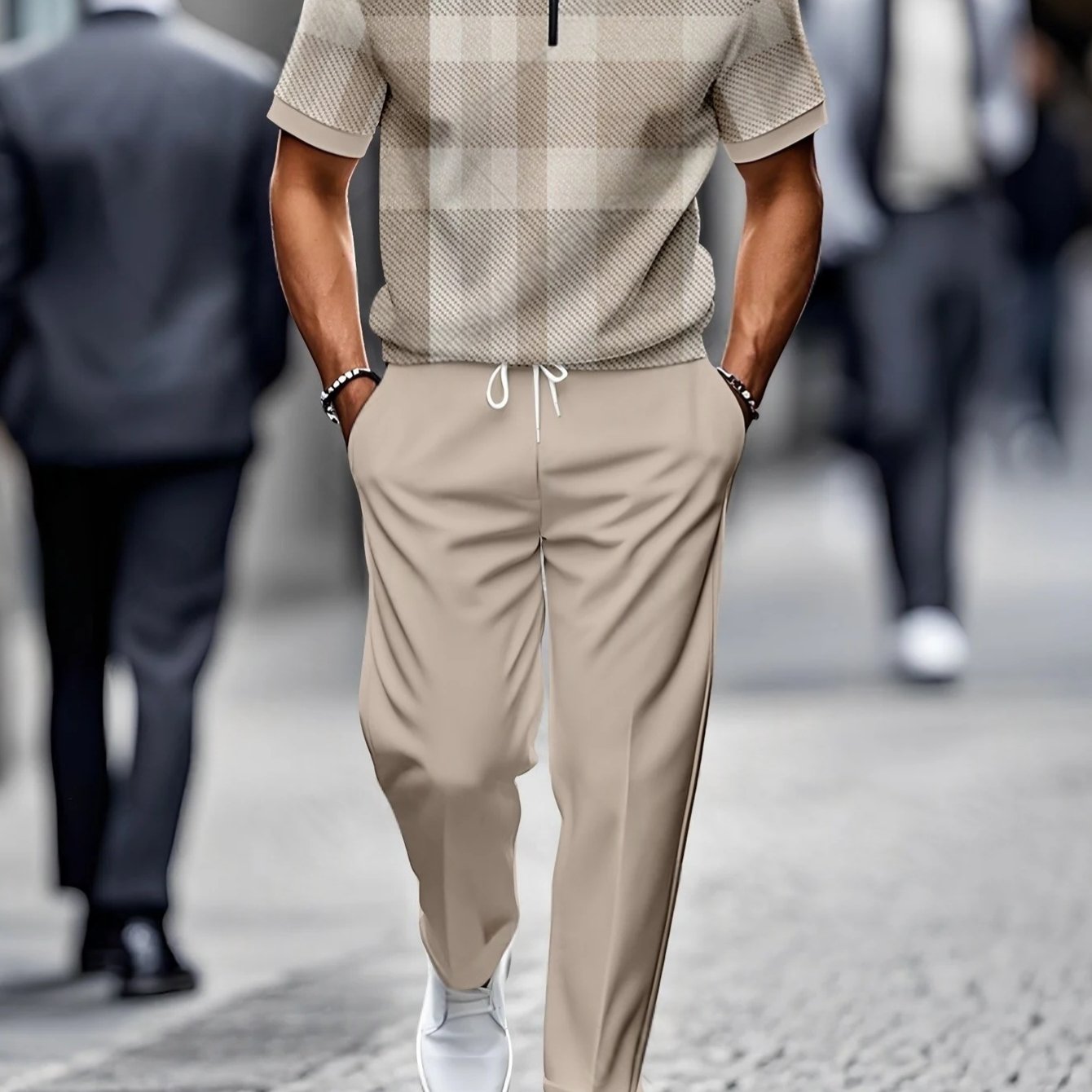 2pcs Set [new Summer Release] Men's Casual Fashion Loose Stand Collar Half-zip Short Sleeve And Pants Sports Set - Short Sleeve Top And Pants