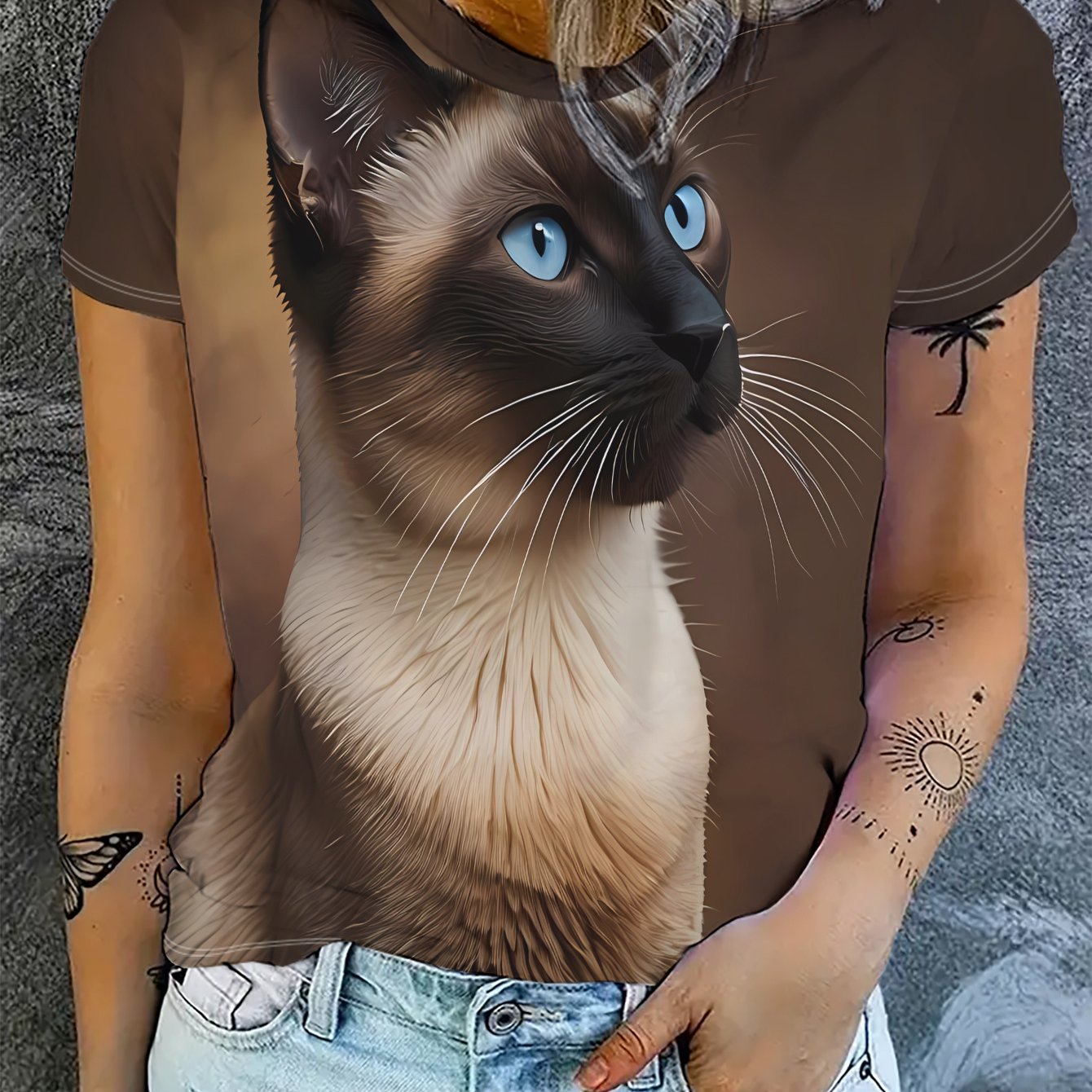 TEMU Women's T-shirt With Siamese Cat Print On Back, Realistic And