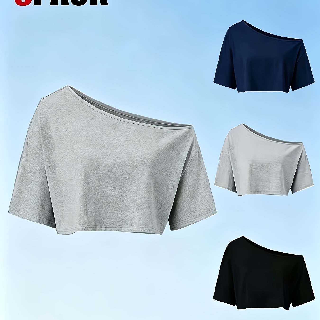 TEMU Ensemble 3 pièces Femme Été Tendance Décontracté Polyvalent Couleur Unie Épaules Dénudées Manches Courtes Haut de Sport