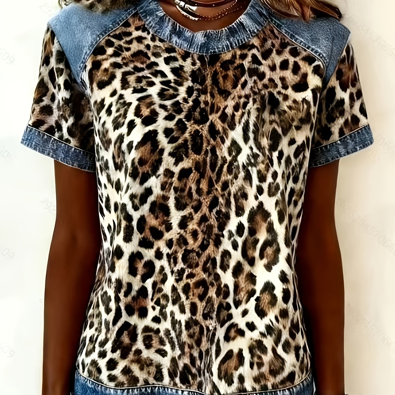 TEMU [printed Pants - Not Denim Fabric] Women's Short Sleeve T-shirt With Bow Print Denim Suitable For Spring/summer, Blouse Top, Bow & Denim Pattern