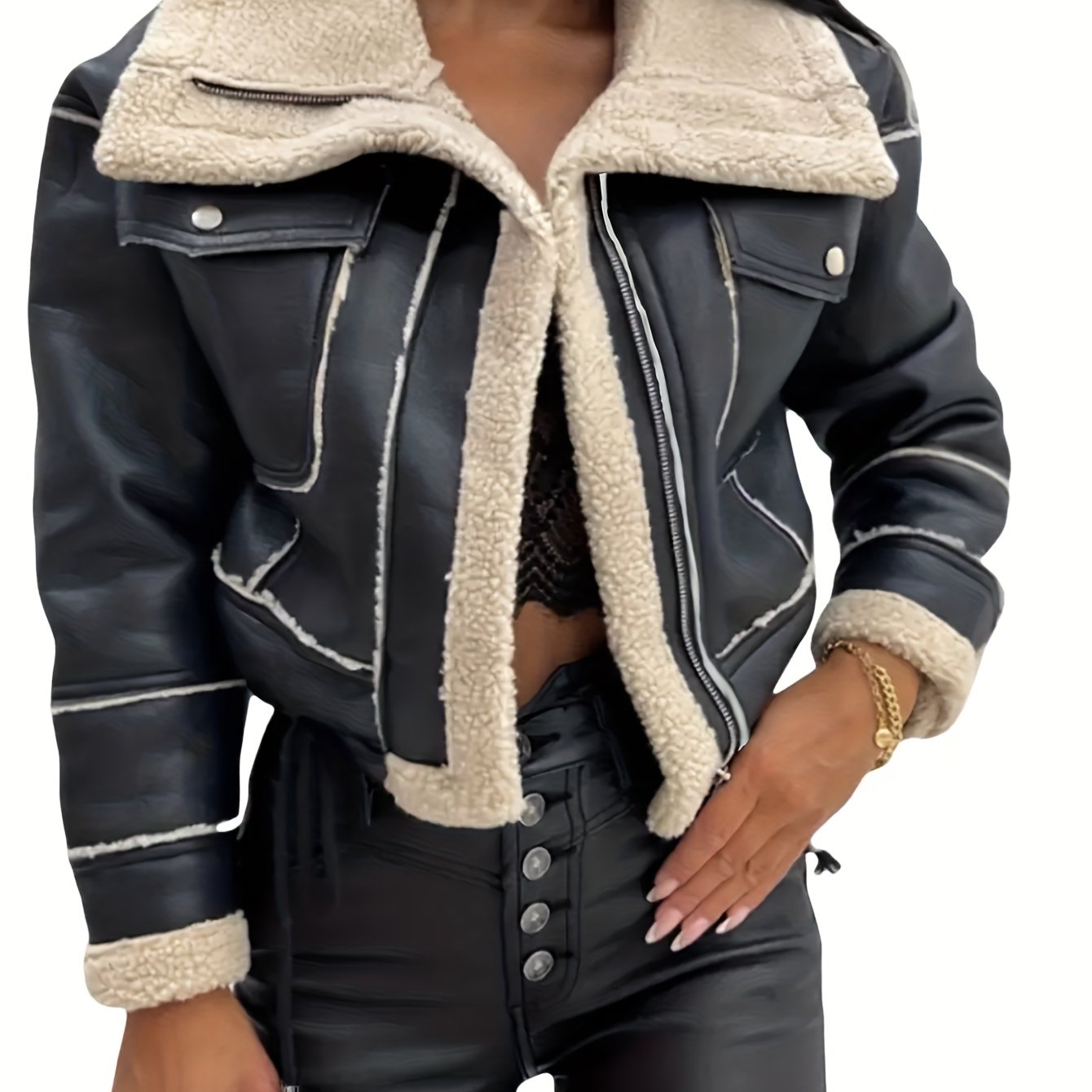 TEMU Women's Autumn/winter Casual Jacket, Biker Style Flap Pocket Warm Pu Outerwear With Drawstring Hem