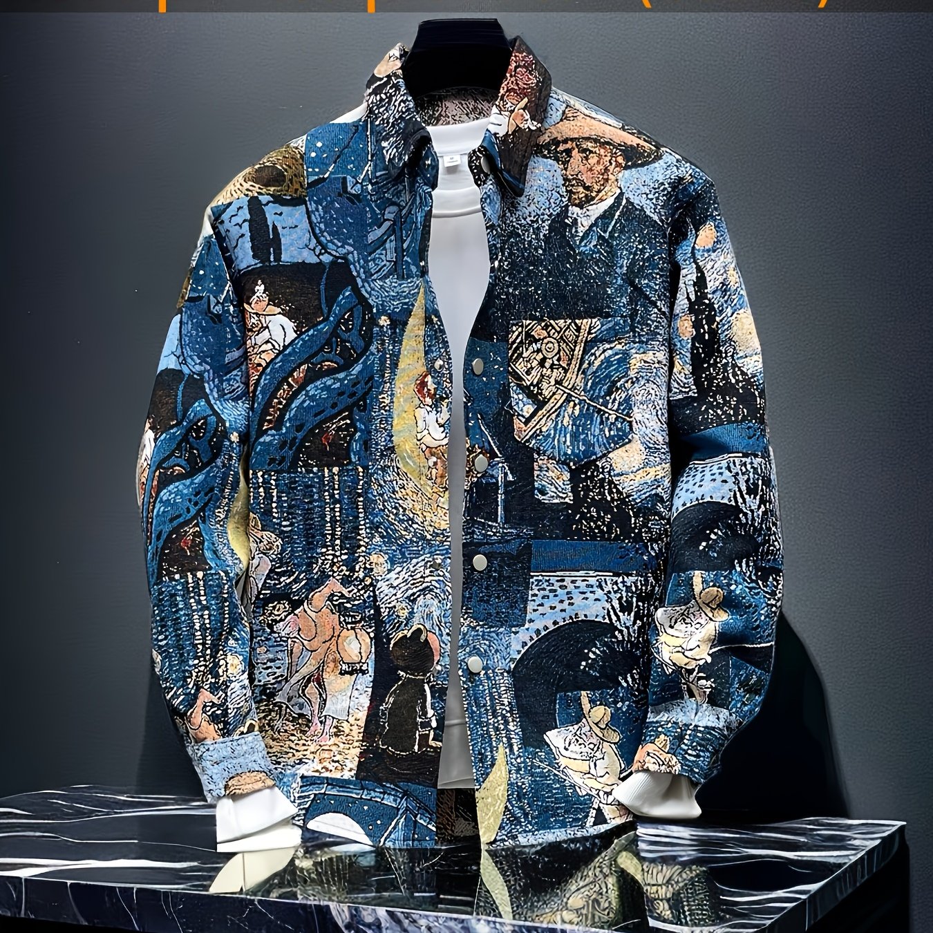 Image of Fashionable Men S Style Fitted Long-sleeve Shirt With Embroidered Jacquard, Featuring Van Gogh Oil Painting Designs, Suitable For And Perfect For Gifting, Autumn Menswear