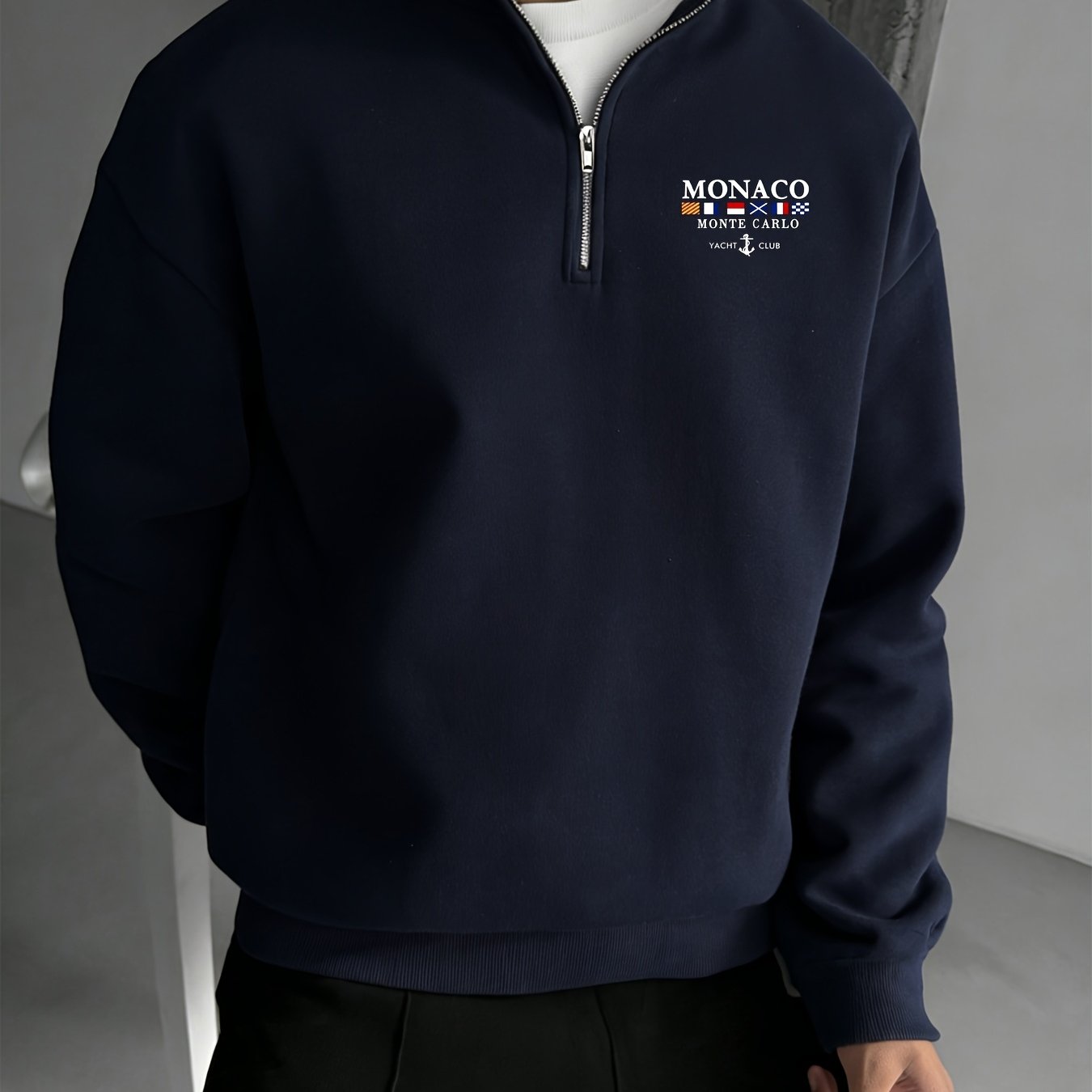 TEMU Monaco Letter Fashion Print Zip-up Collar Shirt, A Stylish Streetwear Zip-up Sweatshirt Perfect For Casual Occasions, An To Pair With Trendy
