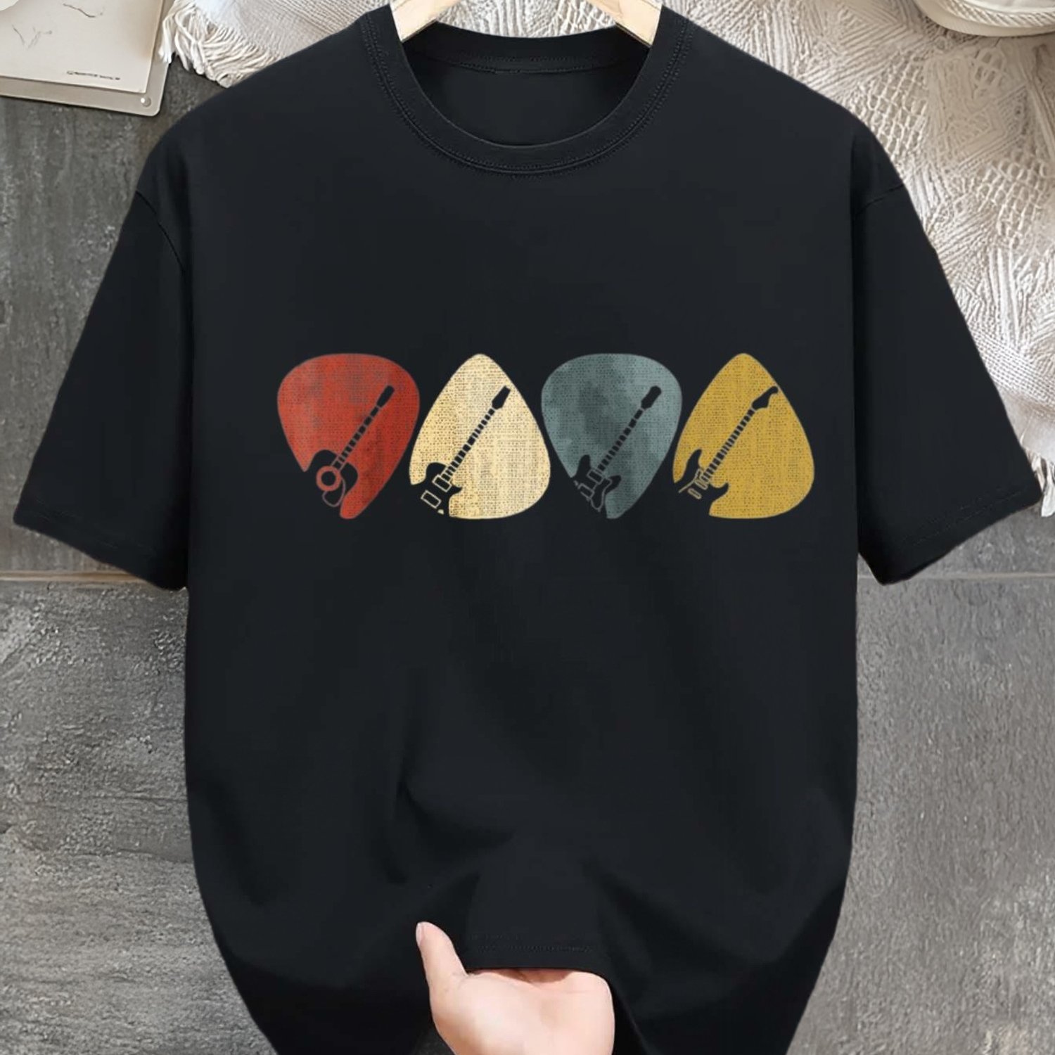 TEMU Unisex Guitar T-shirt | Casual Round Neck, Short Sleeve, Machine Washable, Black With Colorful , Wear