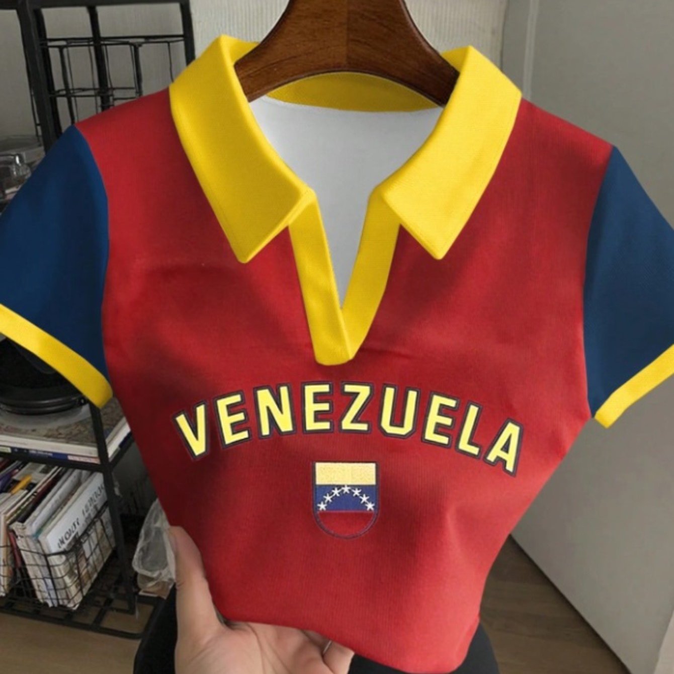 TEMU Venezuela Venezuela Themed Buttonless Collar Red Yellow Blue Color Block Style Slim Fit Women's Shirt