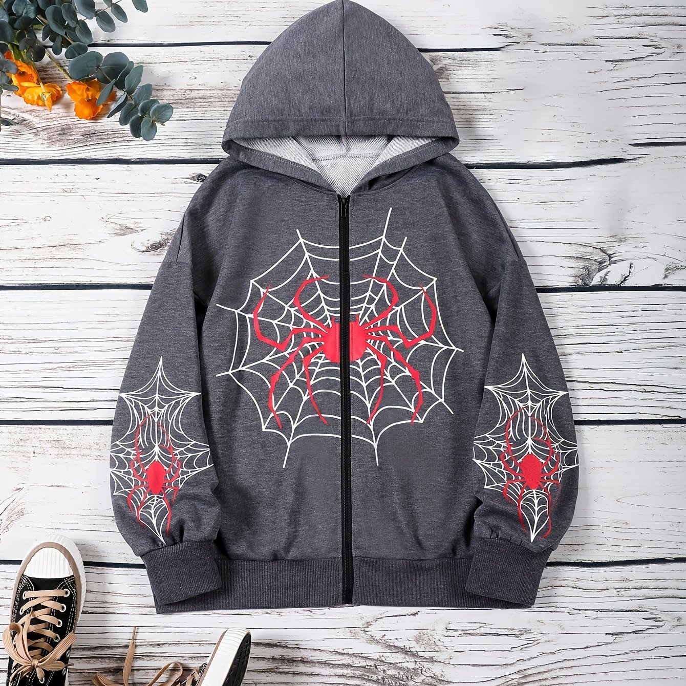 Spider Web Print Zip Front Drawstring Hoodie, Casual Long Sleeve Hooded  Sweatshirt, Women's Clothing