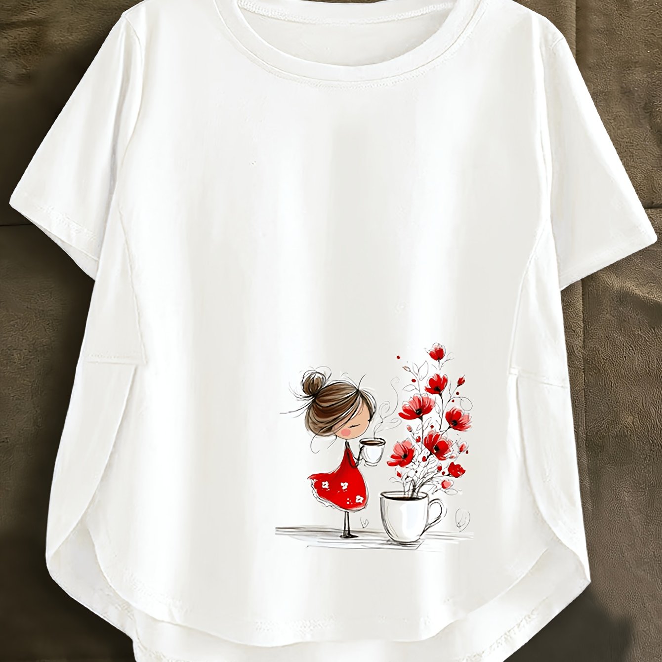 TEMU Women's Beautiful Print T-shirt, Unique Pressed And Spliced Detail Shirt, Machine Washable Casual, "" Top, Contemporary Casual Designer Style