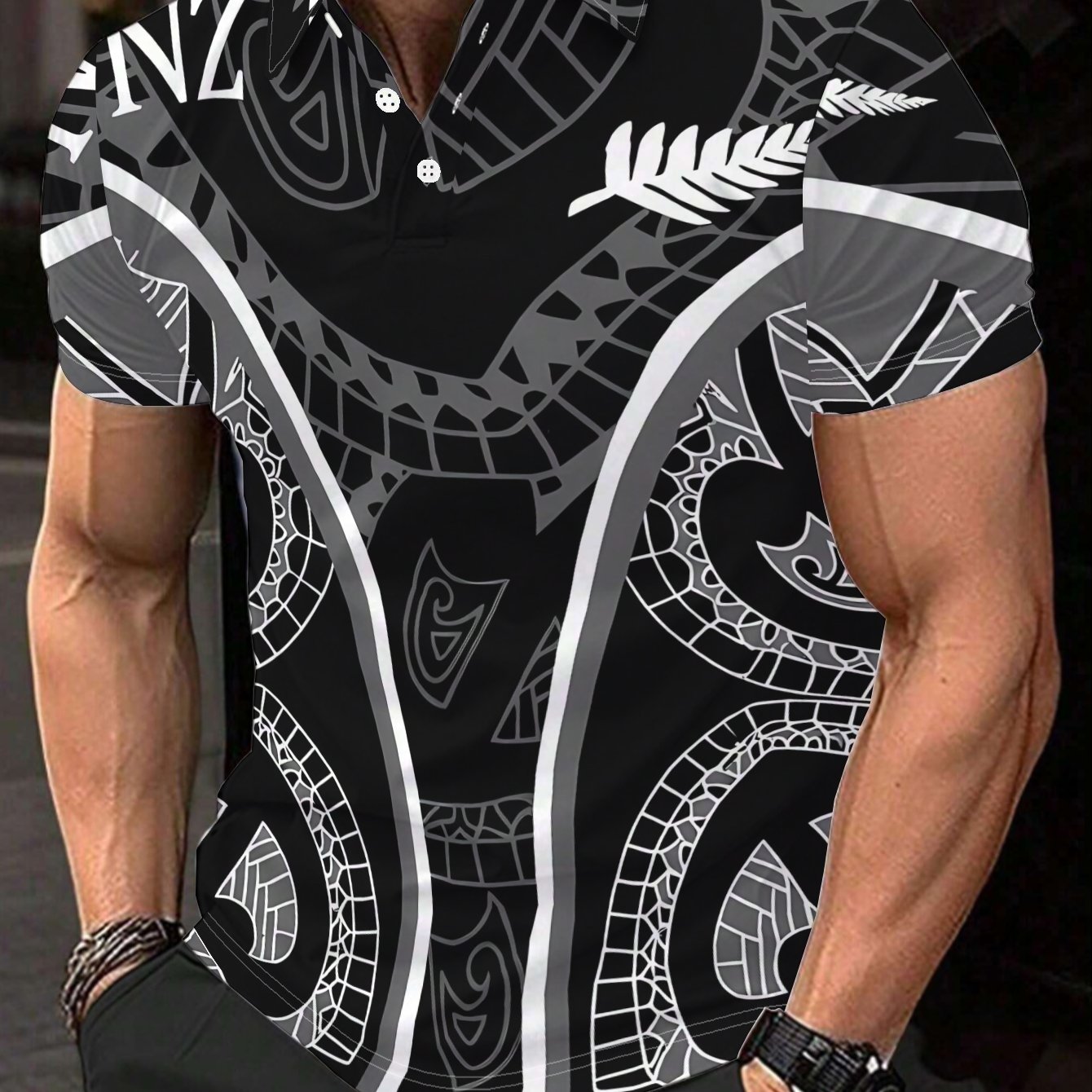 TEMU [printed Design – Not Textured] Men's Casual Lapel Printed Shirt With New Zealand Maori Style Totem Featuring Fern Leaves And "nz" Lettering -