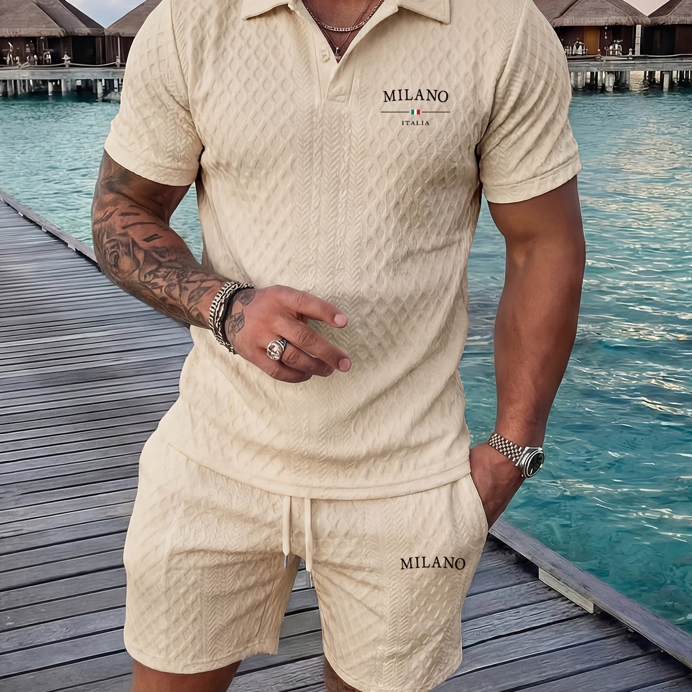 TEMU Men's New Textured Fabric Shirt With Drawstring Shorts Set