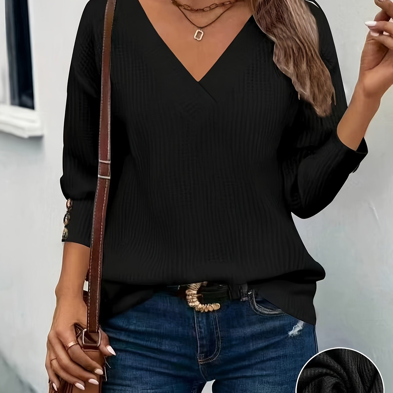 E-shop Große Größen - Große Größen - Westlicher und amerikanischer Herbst Winter Neues Plus Size Einfarbiges V-Ausschnitt Langarm Button-Up Oberteil