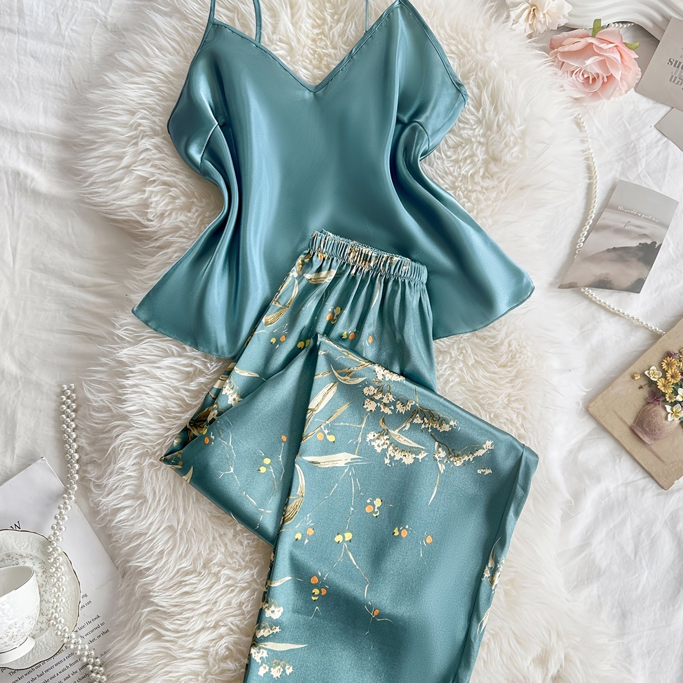 TEMU Pyjama élégant 2 pièces à col en V, tenue de détente respirante et douce pour /été
