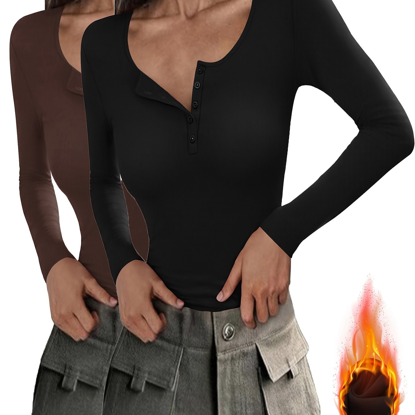 Image of Two-piece Set - Autumn And Winter Women' Neck Slim Fit Long-sleeved Top, Fashionable Commuter Half-open Top, Women's Long-sleeved Top, Solid Color Slim Shirt