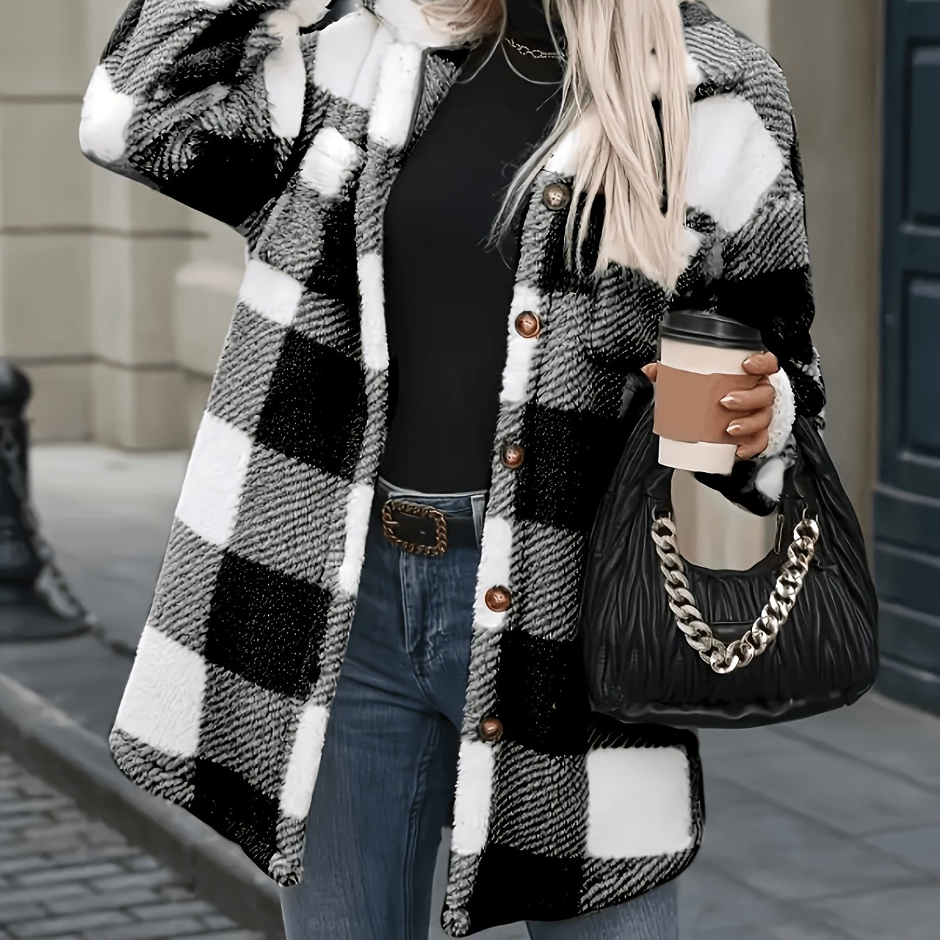 TEMU Plus Size - 2026 Autumn Winter New Product, Buffalo Check Printed Plus Size Winter Coat, Women's Elegant Coat, Lapel Mid-length Teddy Bear